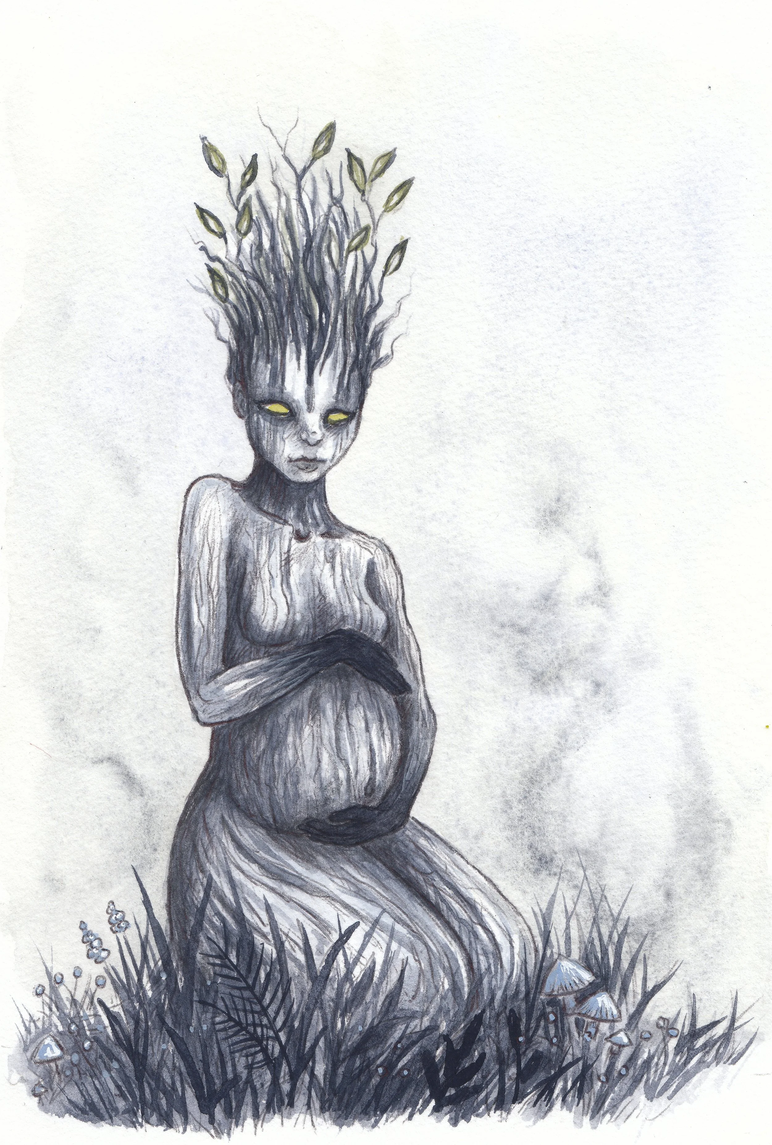 Pregnant Dryad 1 watercolor and ink 5.5 x 7.5 inches
