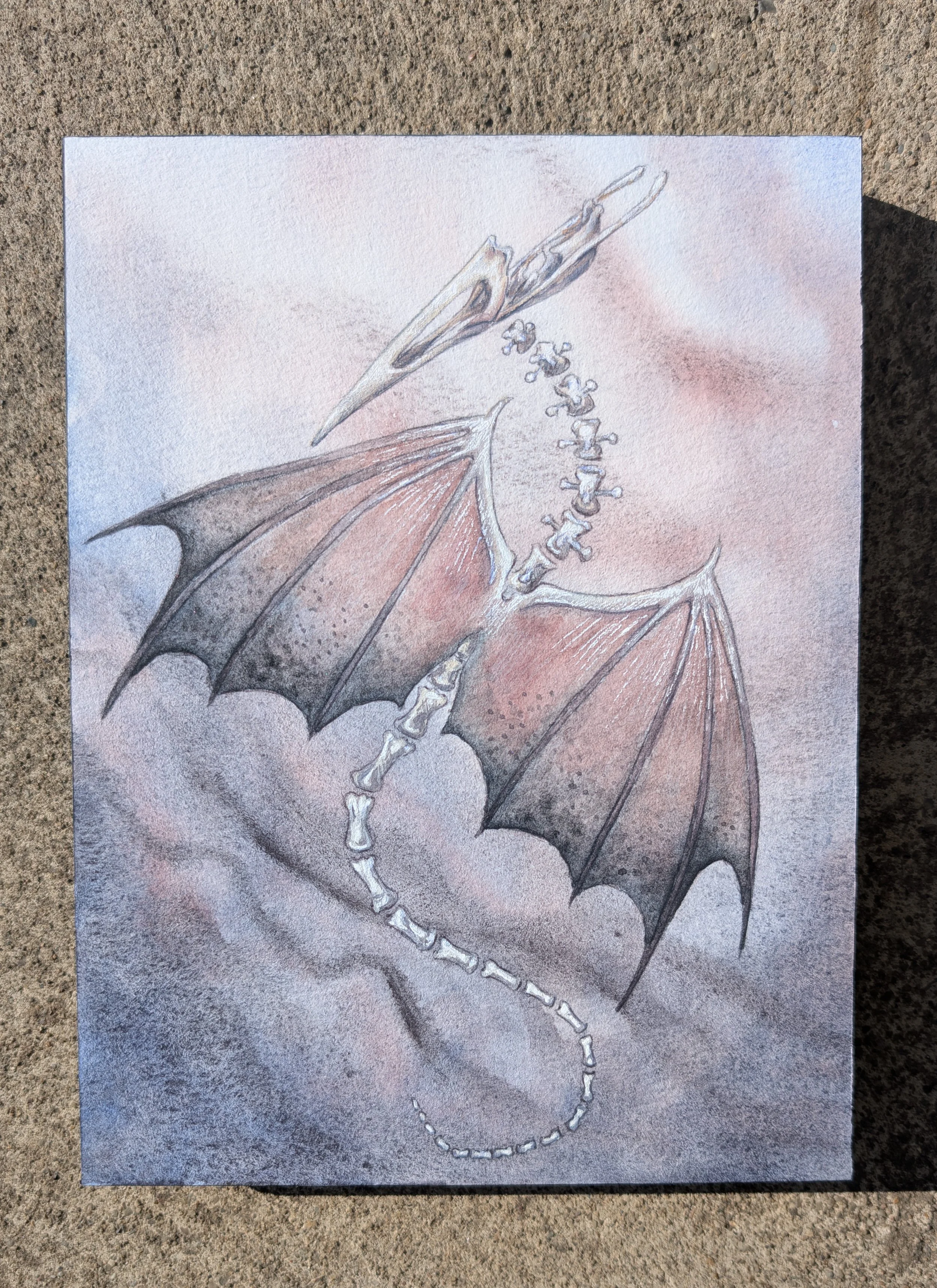 Bird Skull dragon Watercolor and ink 6x8 inch painting