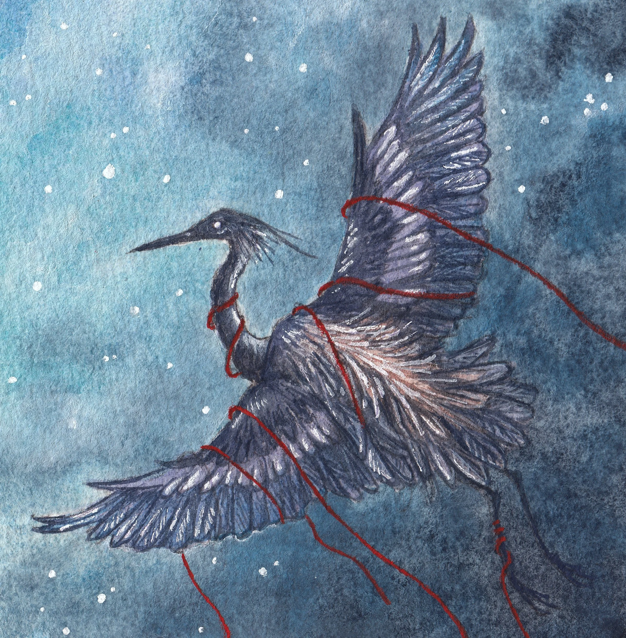 Dark Heron Watercolor and ink 4x4 painting