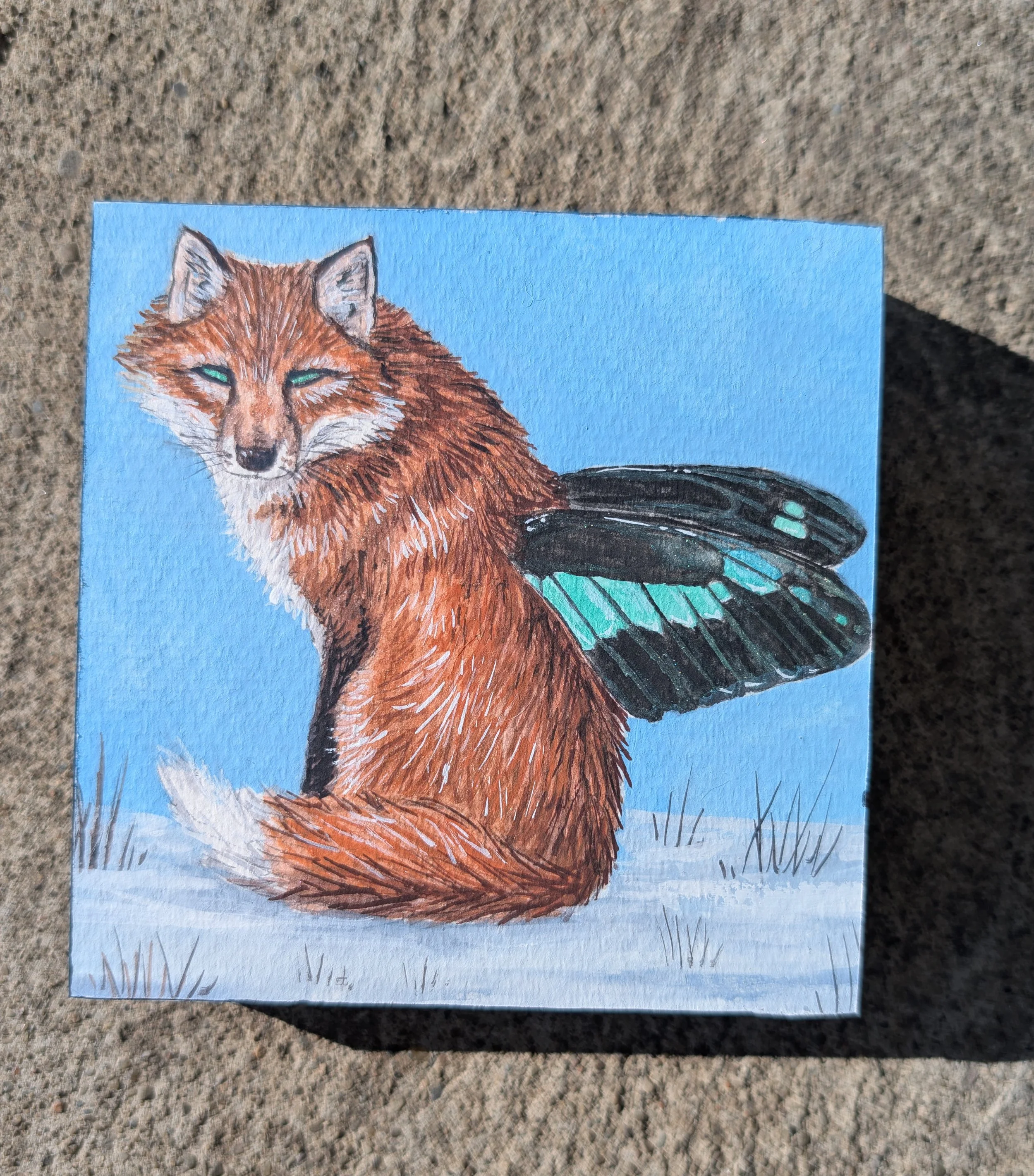 Winged Fox 4x4 inch gouache painting
