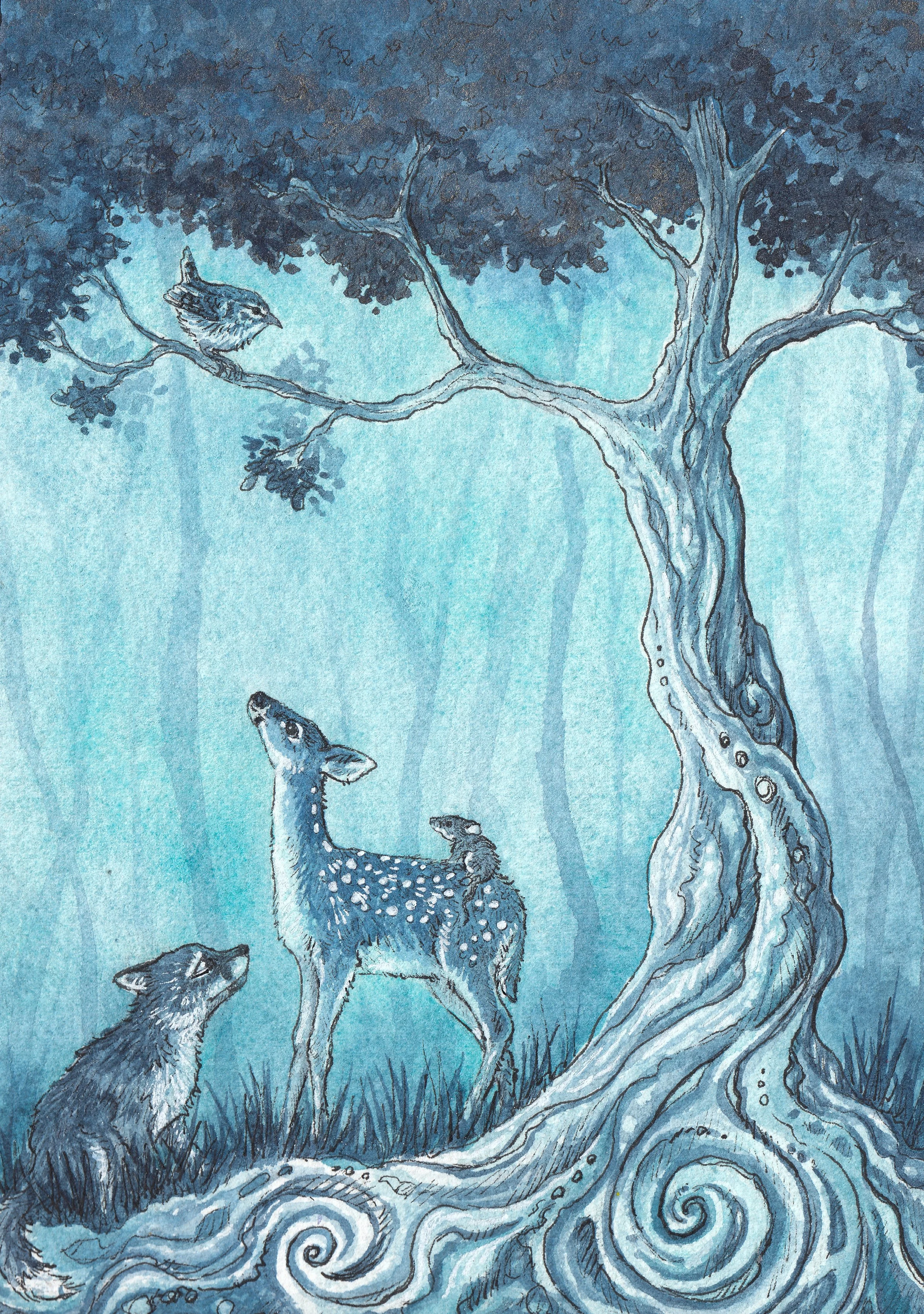 Blue Fores Watercolor and ink 5x7painting