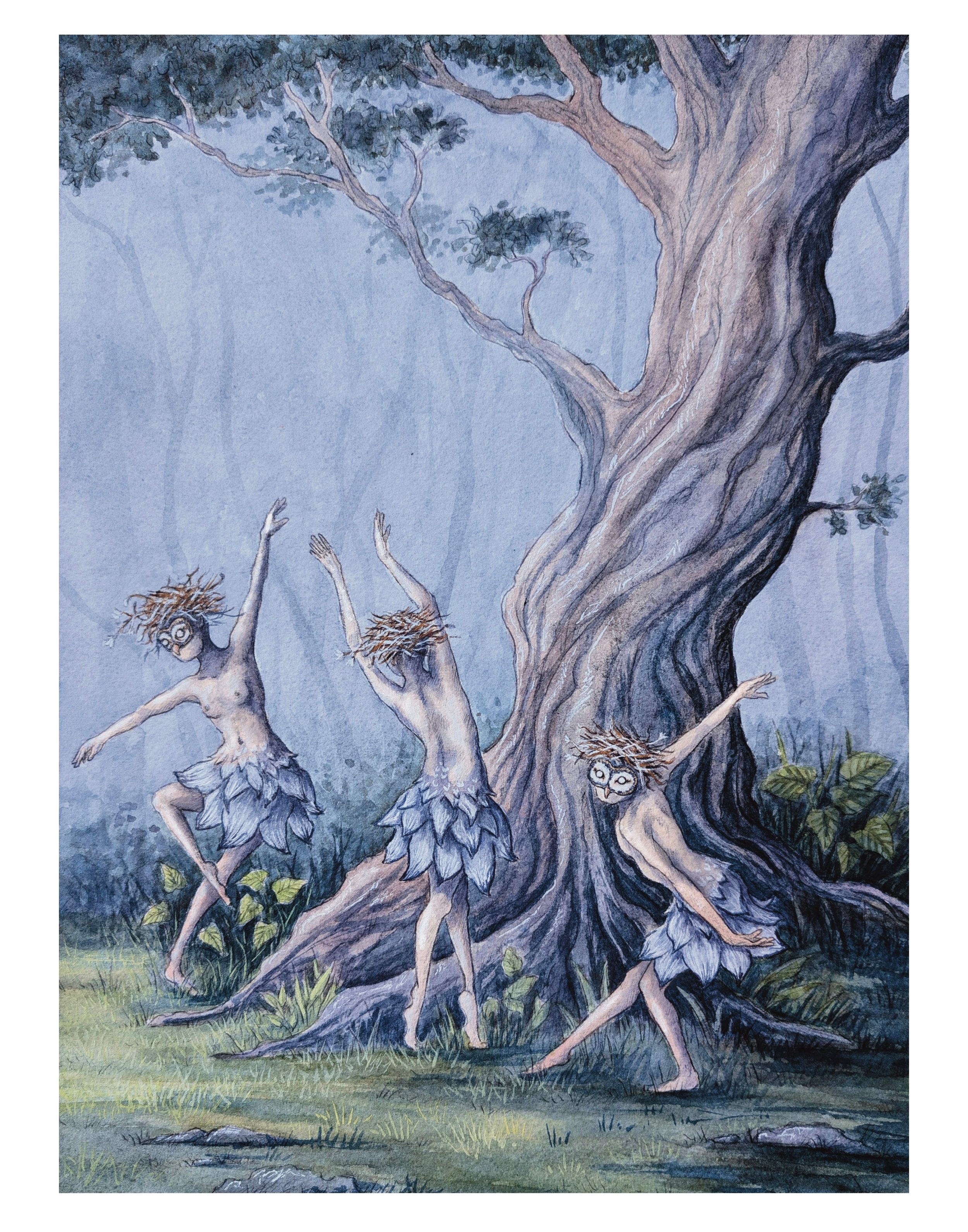 Owl Dancers watercolor and ink painting 9x12 inches