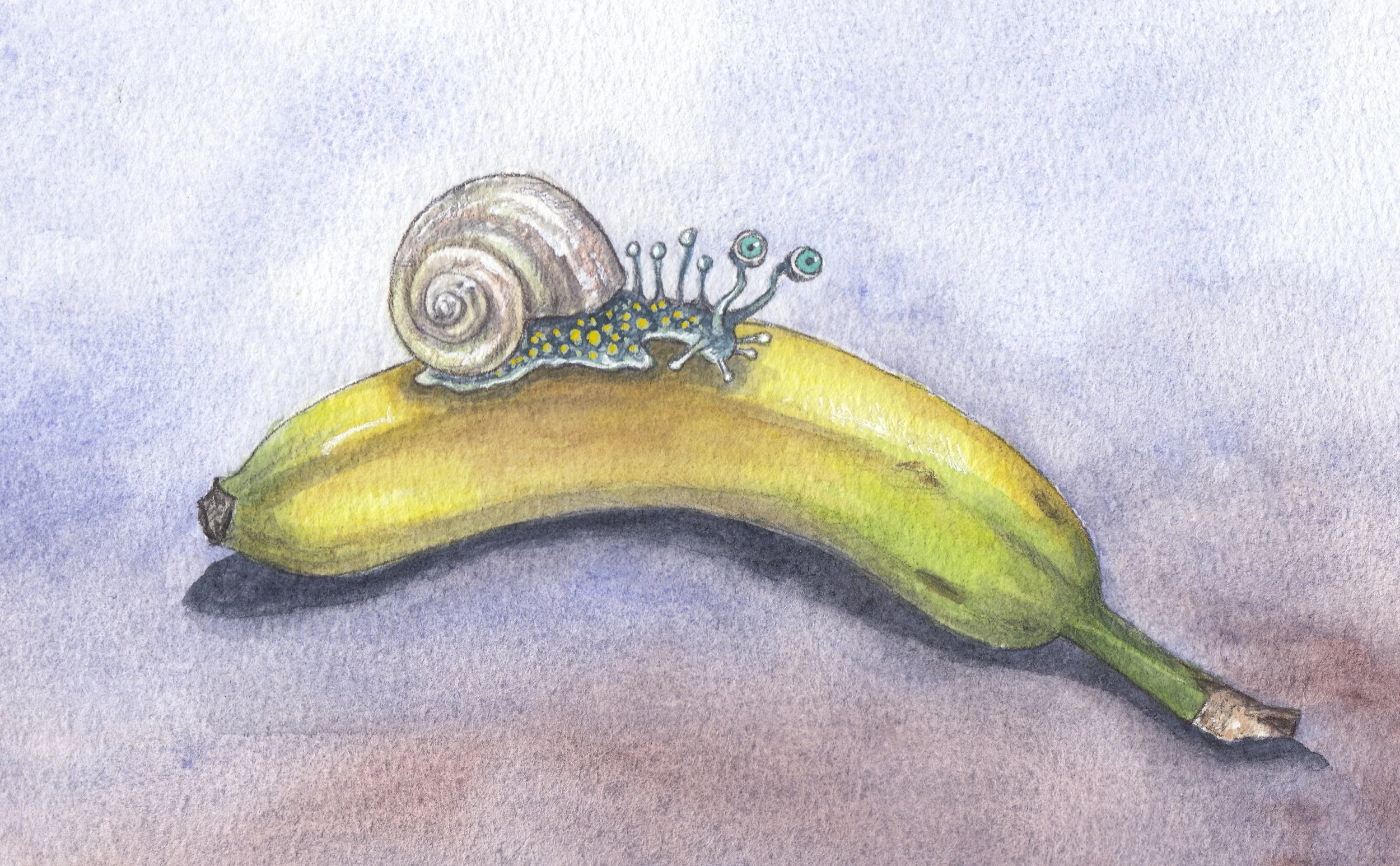 eye snail and banana Watercolor and ink 5x7painting