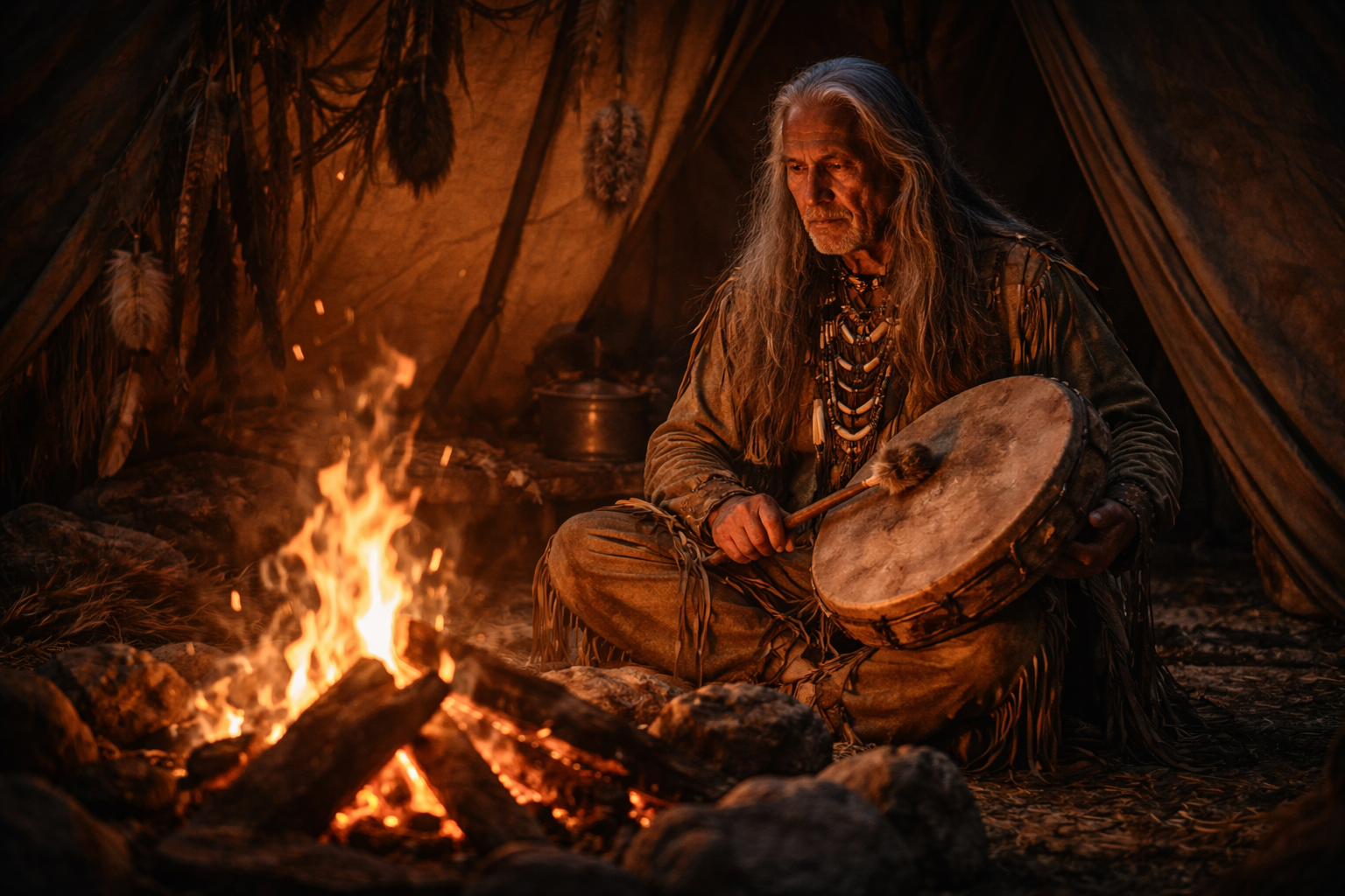 Indigener Schamane mit langen grauen Haaren und traditioneller Lederkleidung sitzt mit schamanischer Rahmentrommel am Feuer in einem Tipi — sinnbildliche Darstellung der visionären Begegnung, die Tim Oliver Dreyers Weg zum Schamanismus einleitete