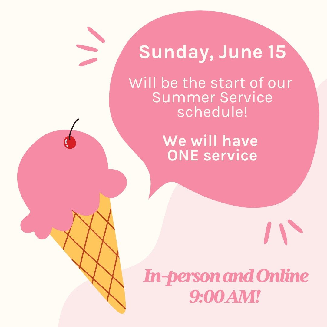 Sunday Service: We will gather at 9:00 AM for ONE service (June 15-August 31st) in-person and online! 

Thank you to our committed livestream team for the opportunity to worship together during the Summer no matter where we are!