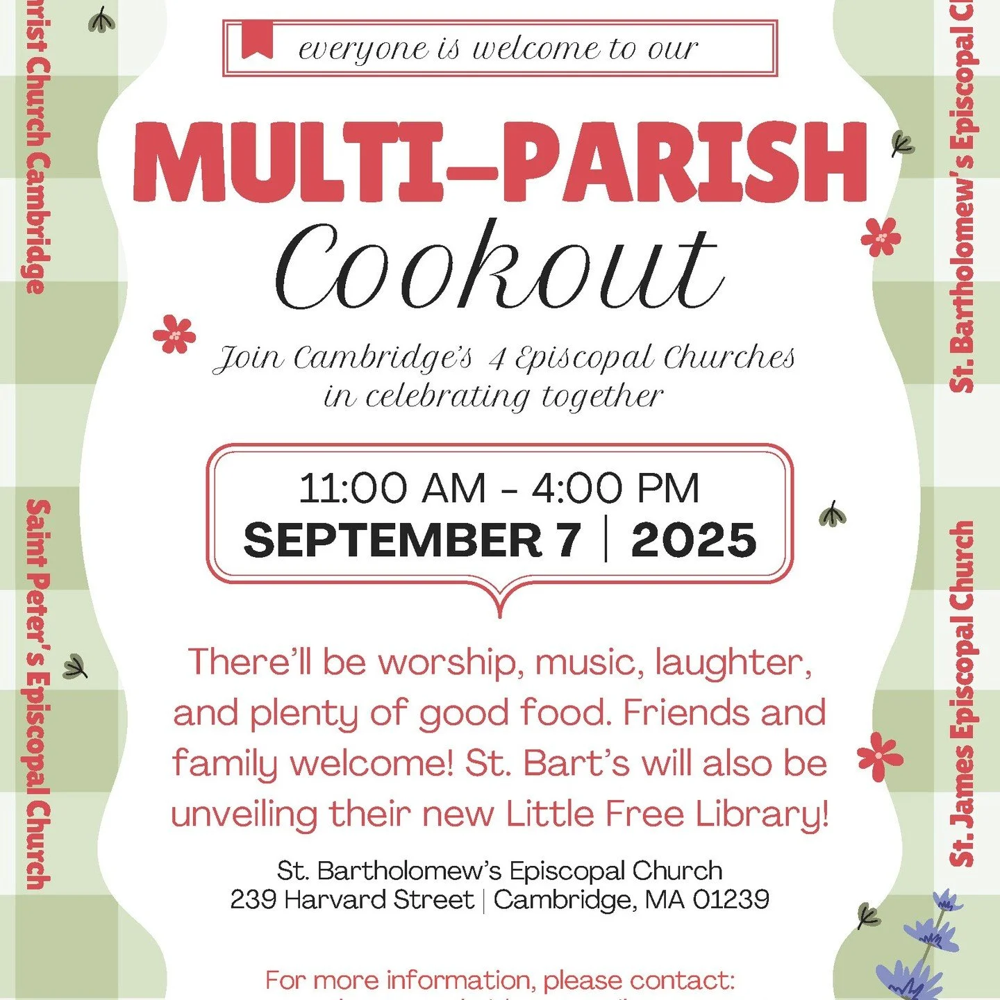 September 7th we go back to TWO services here at CCC (8:00AM &amp; 10:15 AM) . Join us for the 10:15 AM service and then we will all go down to the Multi-Parish Cookout at St. Bart's!