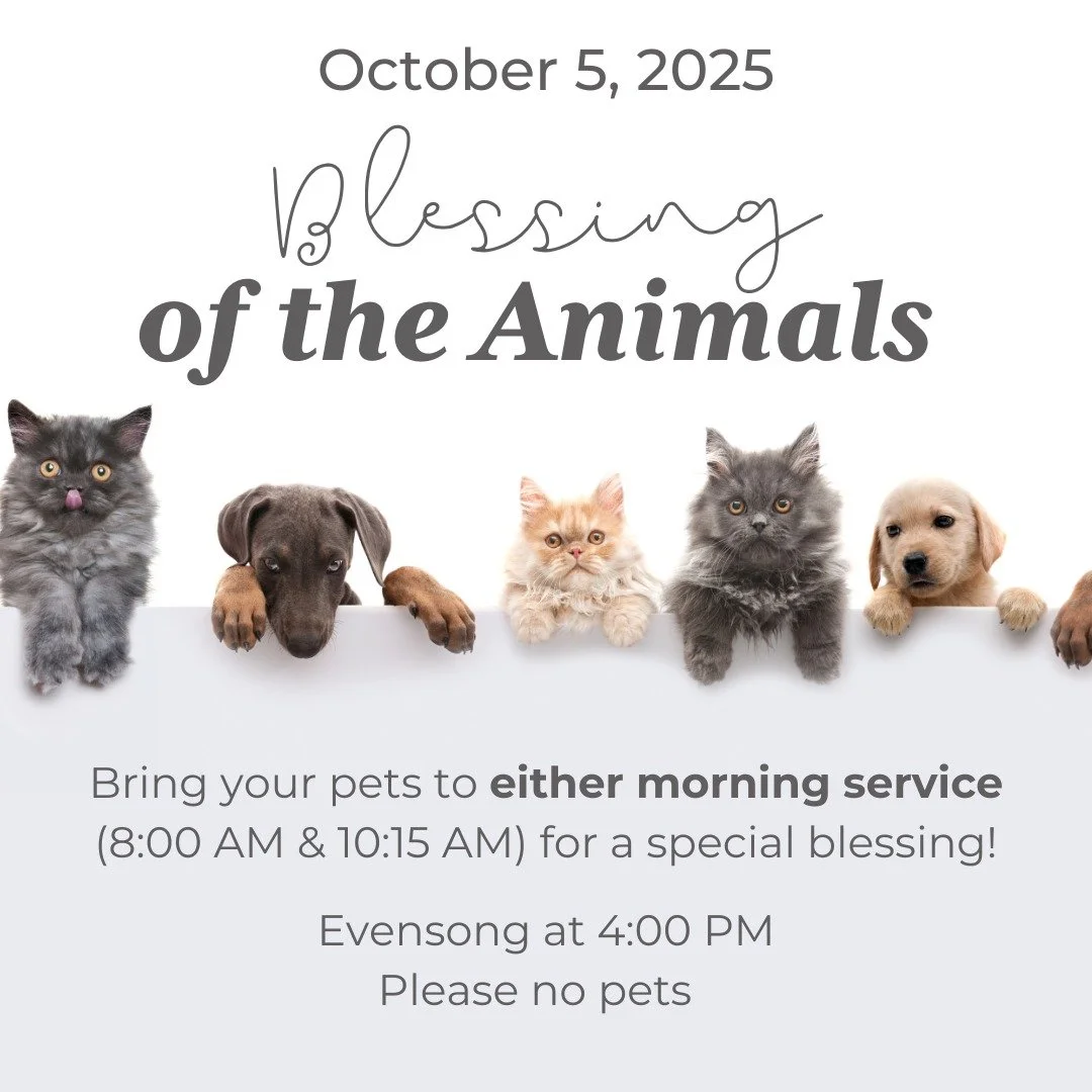 THIS Sunday is Blessing of the animals! Bring your pets to either morning service. 

Can&rsquo;t bring your pet? The clergy can bless a picture of them. Children are welcome to bring their favorite stuffed animals too! 

No pets at Evensong please.