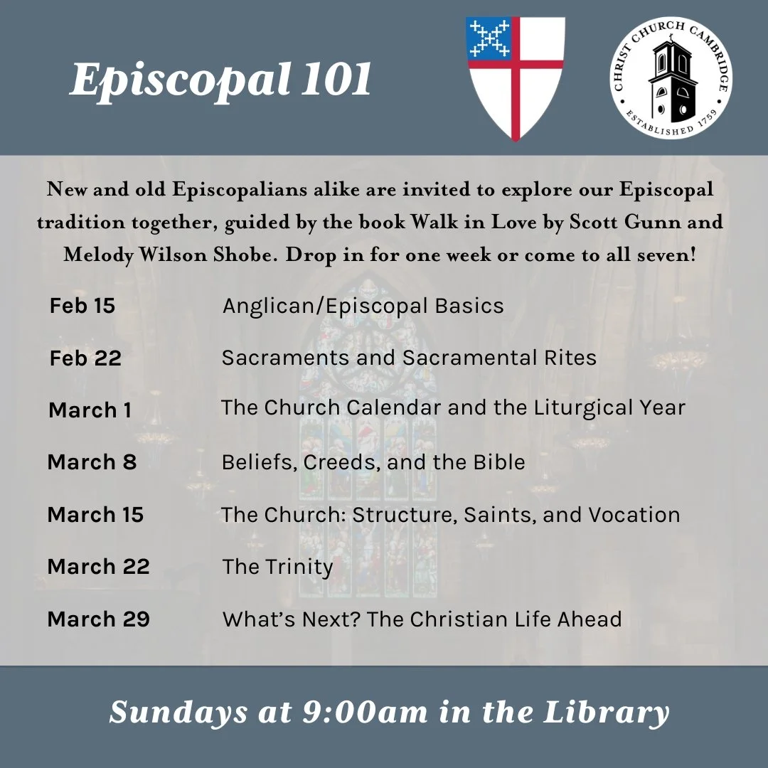 Our Adult Forum series in Lent will be Episcopal 101, a much-requested class exploring our church's denomination and tradition taught by the clergy and our seminarian, Clay. 

We'll be using the book Walk in Love by Scott Gunn and Melody Wilson Shobe