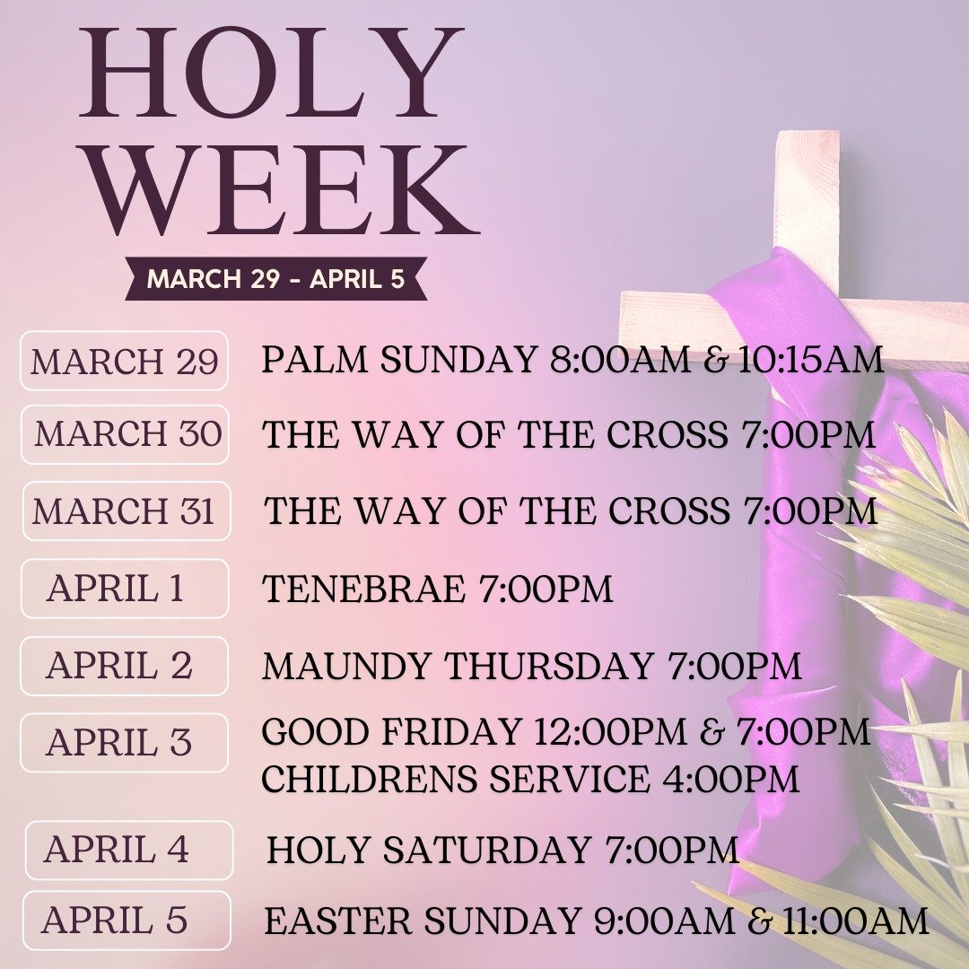 This Sunday, March 29, we begin Holy Week with Palm Sunday. Followed by Social Hour in the Parish Hall, with Hot Cross Buns!

The 8:00 AM Palm Sunday service will be in-person only. The 10:15 AM will be in-person and online. 
Monday &amp; Tuesday ser