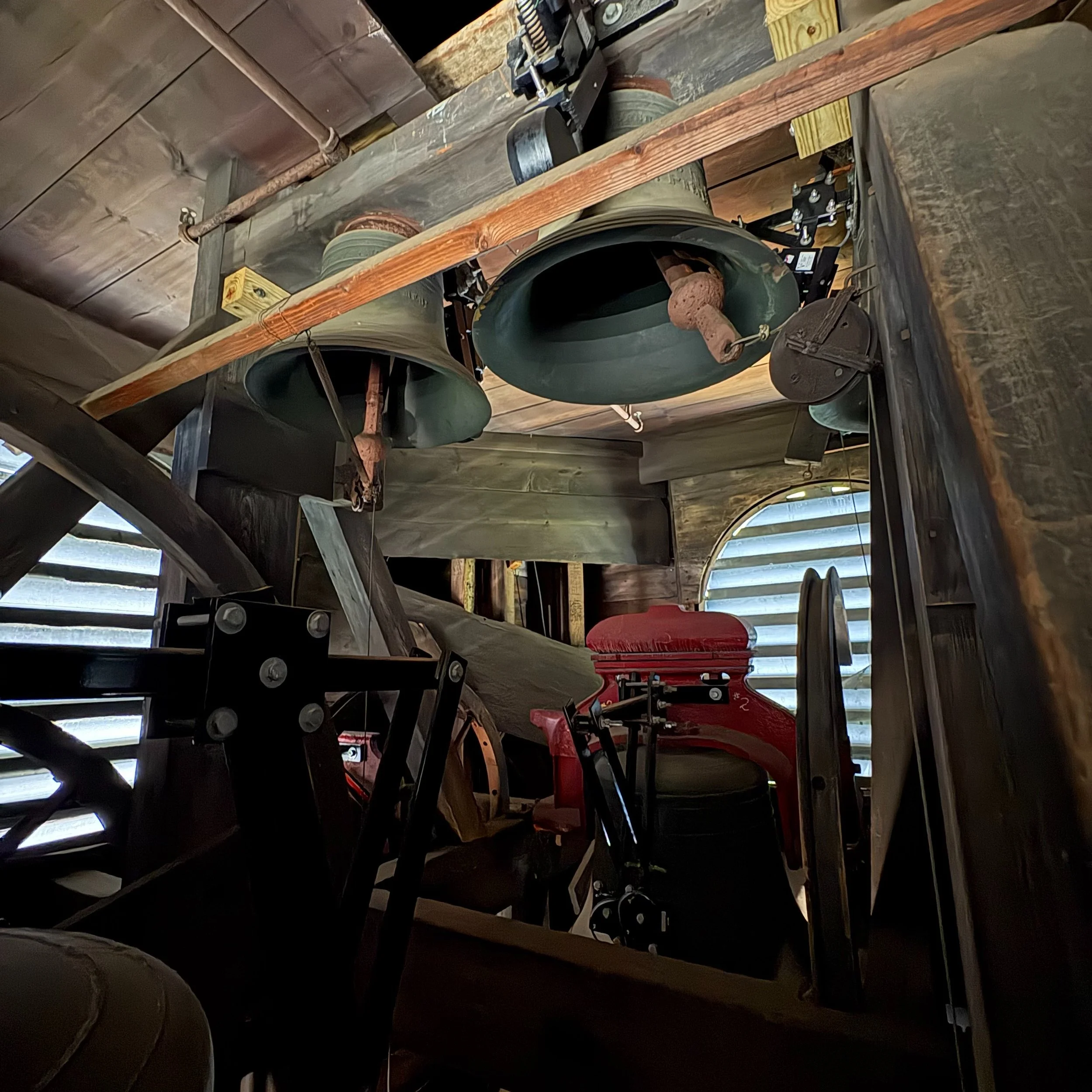 Today our Music Director scaled our tower to visit the bells known as the &ldquo;Harvard Chime.&rdquo; They&rsquo;re being serviced by @verdin1842. Our playing mechanism is what&rsquo;s called an Ellacombe apparatus. In addition there&rsquo;s a set o
