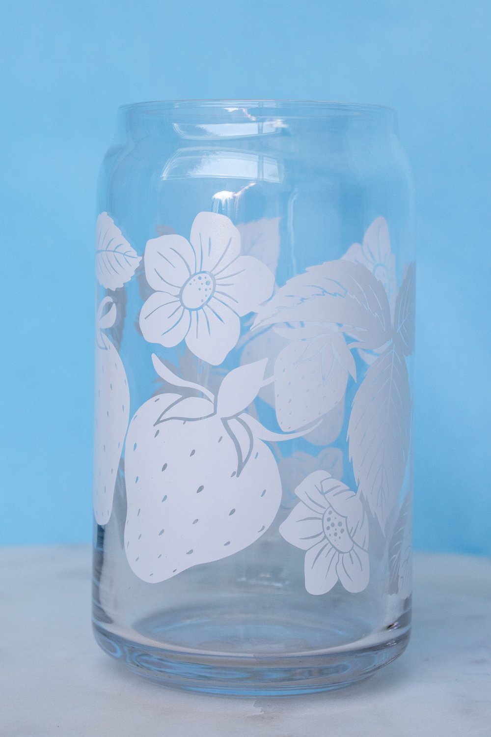 Nostalgic strawberry floral glass beer can style drinkware FRESCA  collection Kate Michelle Design — Kate Michelle Design