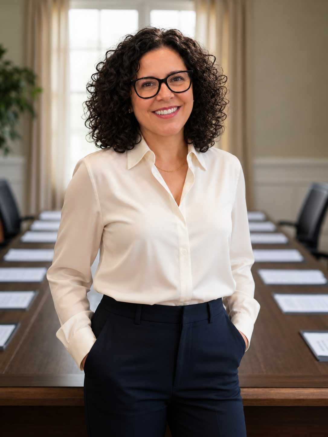 Kimberly Sharp with curly hair and glasses standing in a conference room