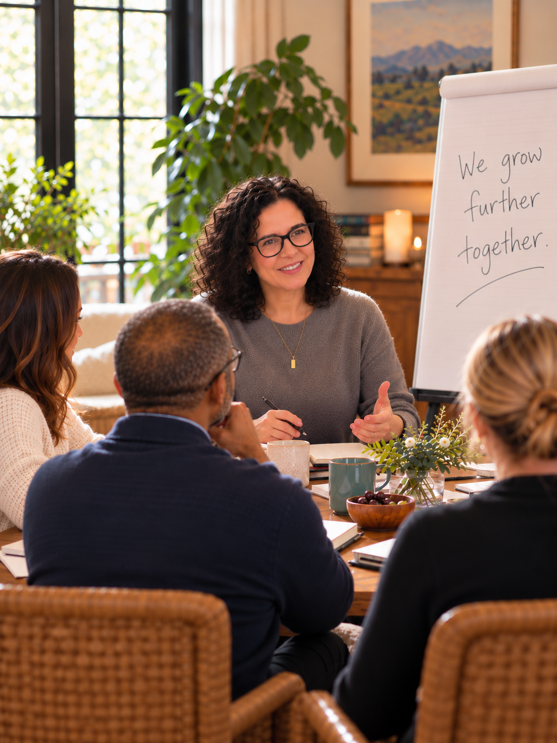 Kimberly Sharp leading a group discussion around a table beside a flip chart reading “We grow further together.”