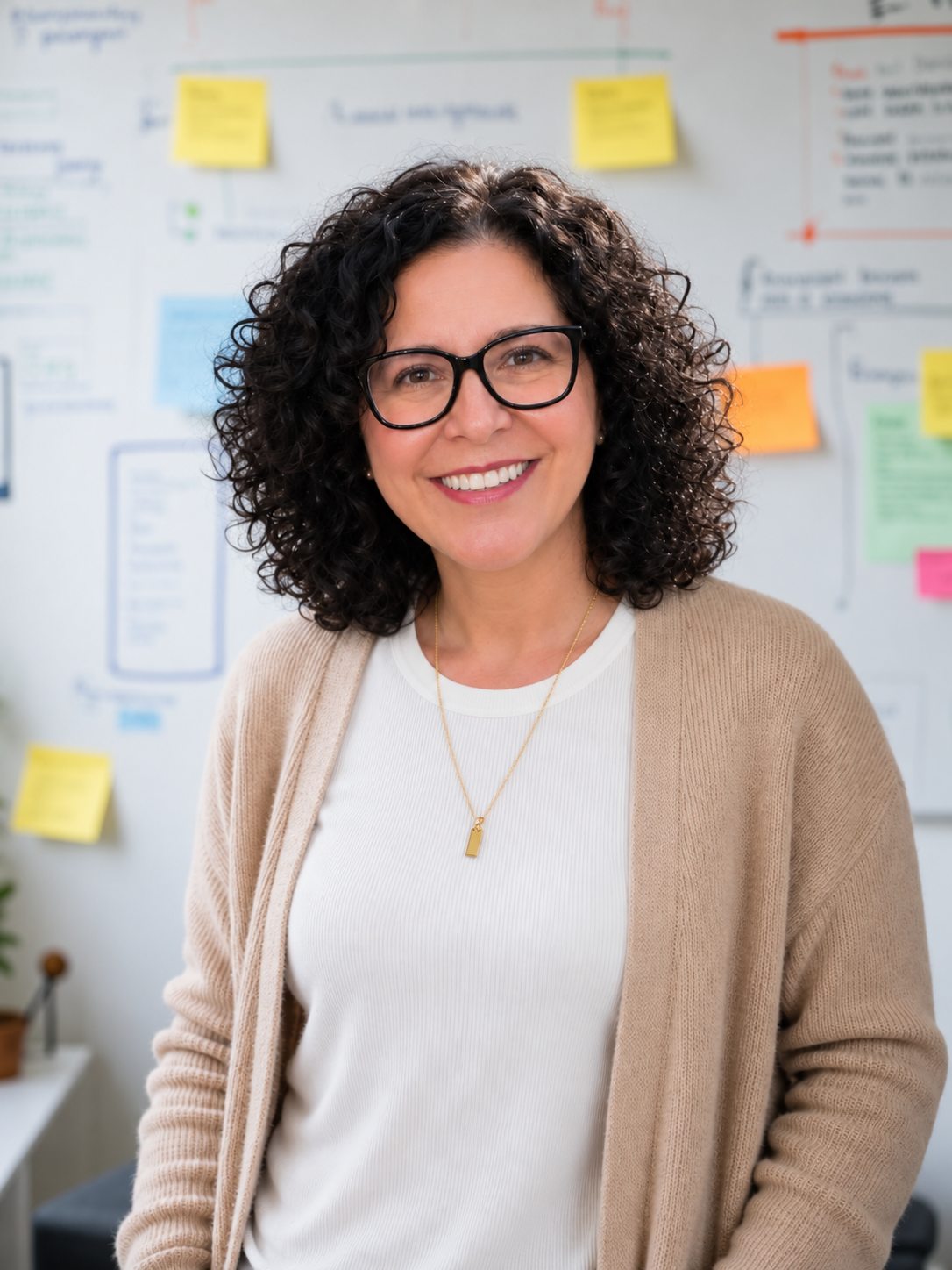 Kimberly Sharp with curly hair and glasses standing in front of a whiteboard with colorful sticky notes