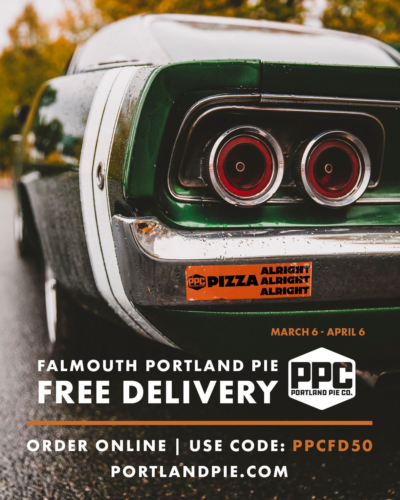 Hey, Falmouth! Get Portland Pie Company delivered fresh and hot right to your door. From March 6 - April 6 we&rsquo;re offering FREE DELIVERY from our Falmouth location. Simply enter coupon code PPCFD50 when you order online and we&rsquo;ll waive the