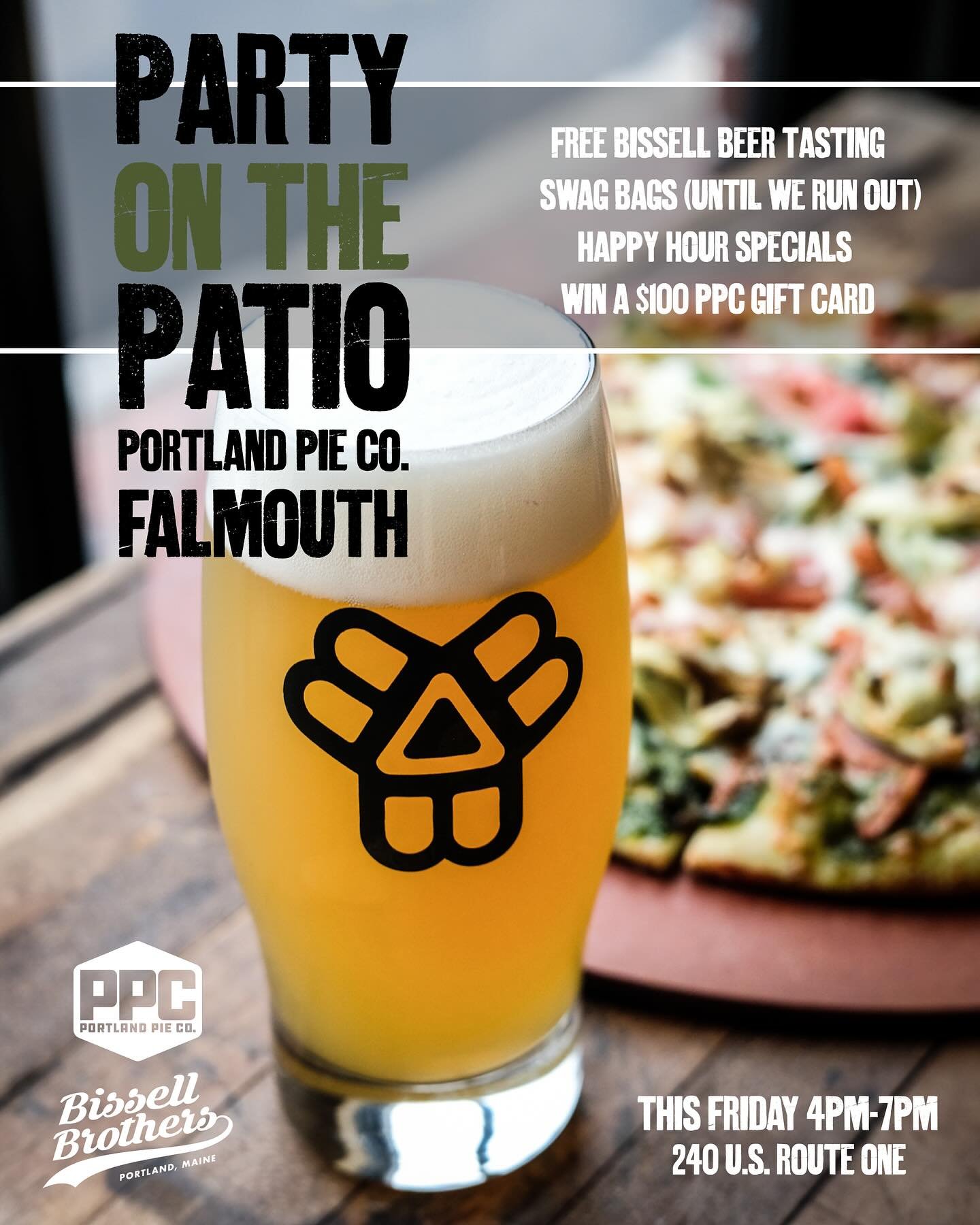 Patio Season is here at the Pie and we&rsquo;re kicking it off with a Party on the Patio with @bissellbrothers this Friday at our Falmouth location from 4pm-7pm. Join us for good times, tasty brews and some sweet giveaways. See you there!

#portlandp