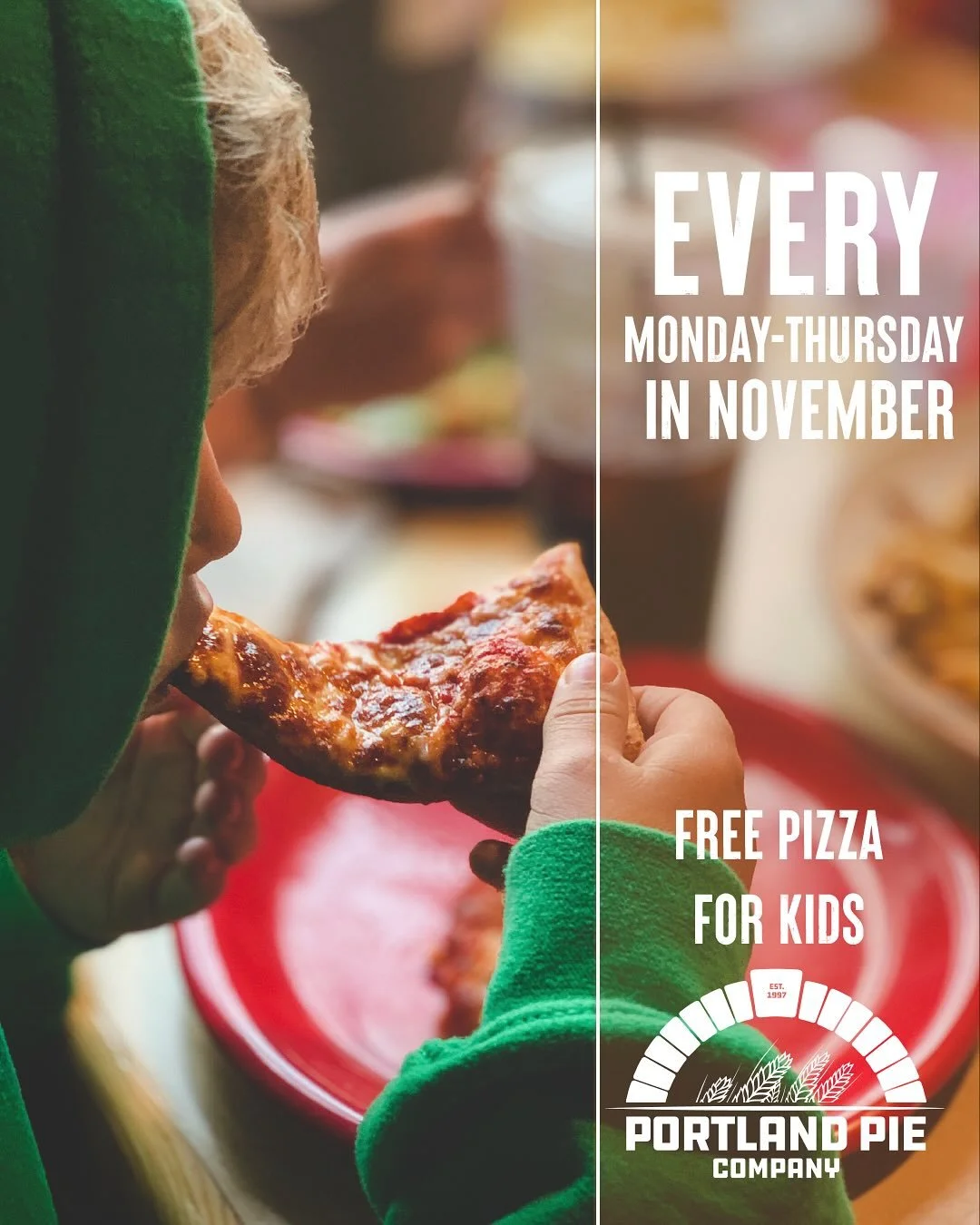 We&rsquo;re extending our Kids Eat Free days! Every Monday-Thursday during November kids receive free pizza and a drink with the purchase of any adult meal. Every little bit helps and we&rsquo;re happy to do our part.

#portlandpieco #pizza #mainepiz