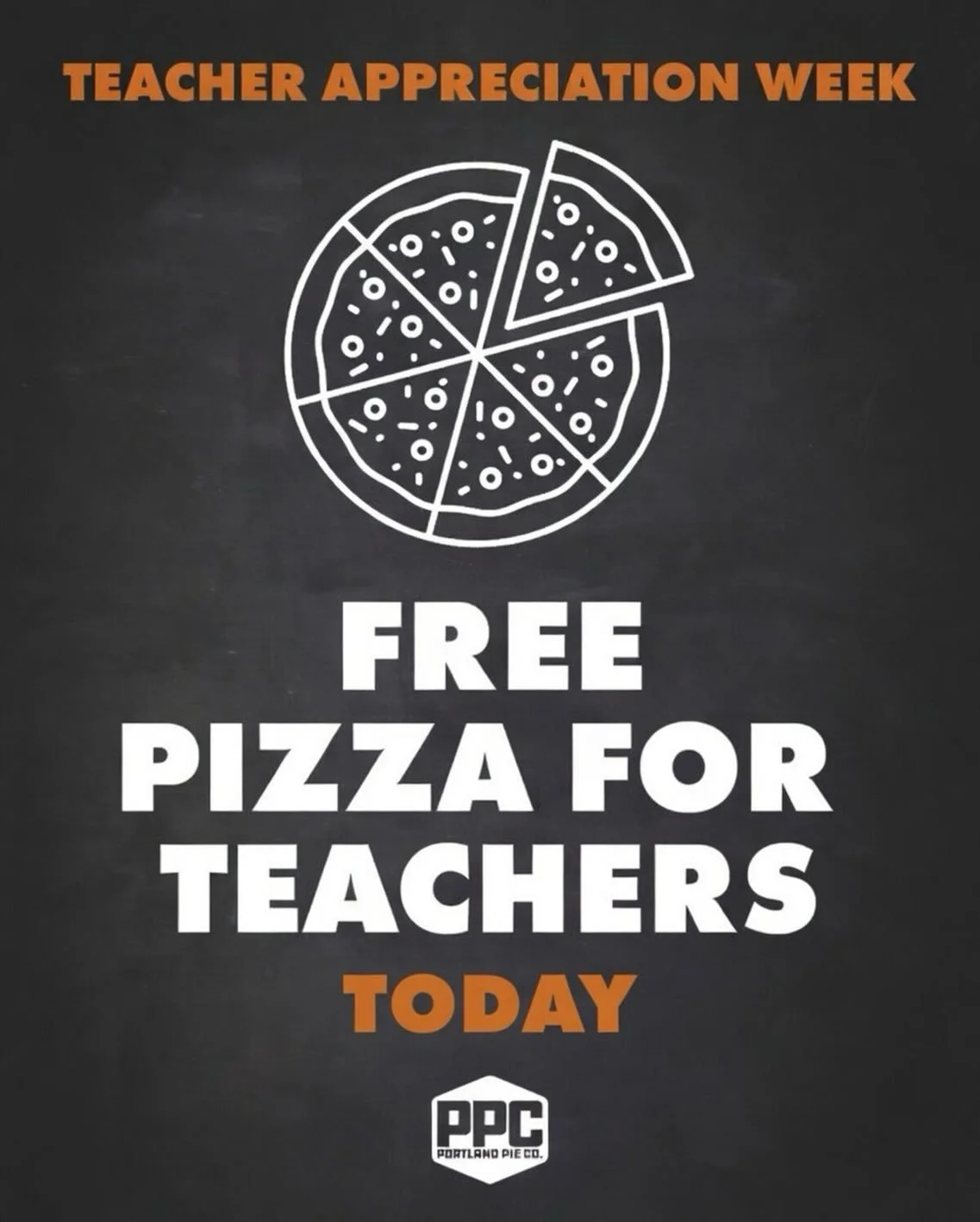 TODAY! Free 10&rdquo; Cheese Pizzas for teachers when you present your school ID. Thanks for all your amazing work! 

(Dine-in only. One pizza per customer.)