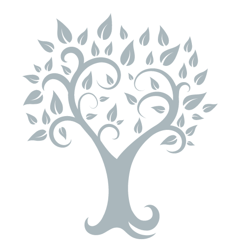 Stylized gray tree with swirling branches and leaves on a black background.