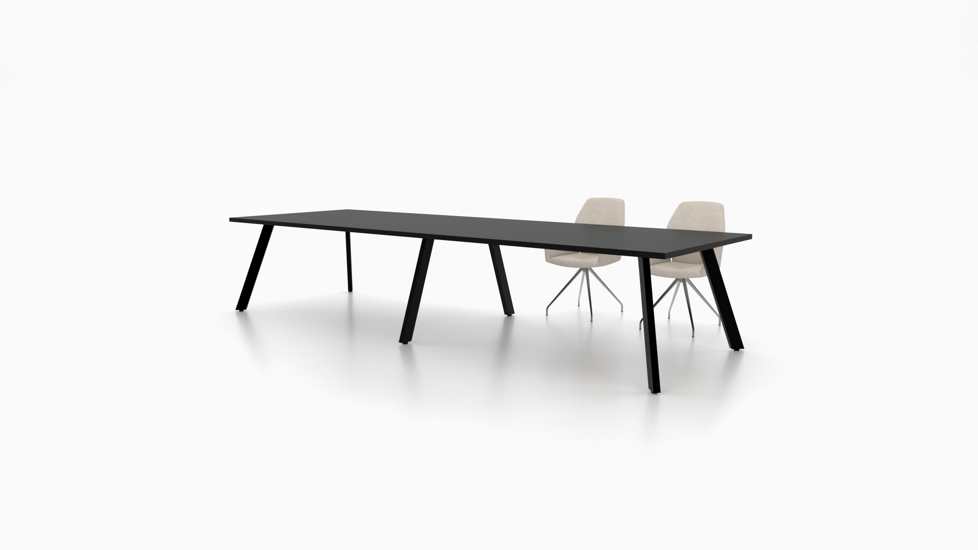 Trail conference table. Featuring a clean, modern design with distinctive angled legs. 