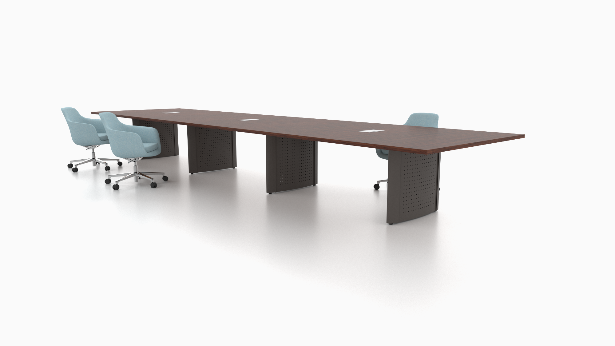 Catalyst conference table featuring steel V shaped bases. 