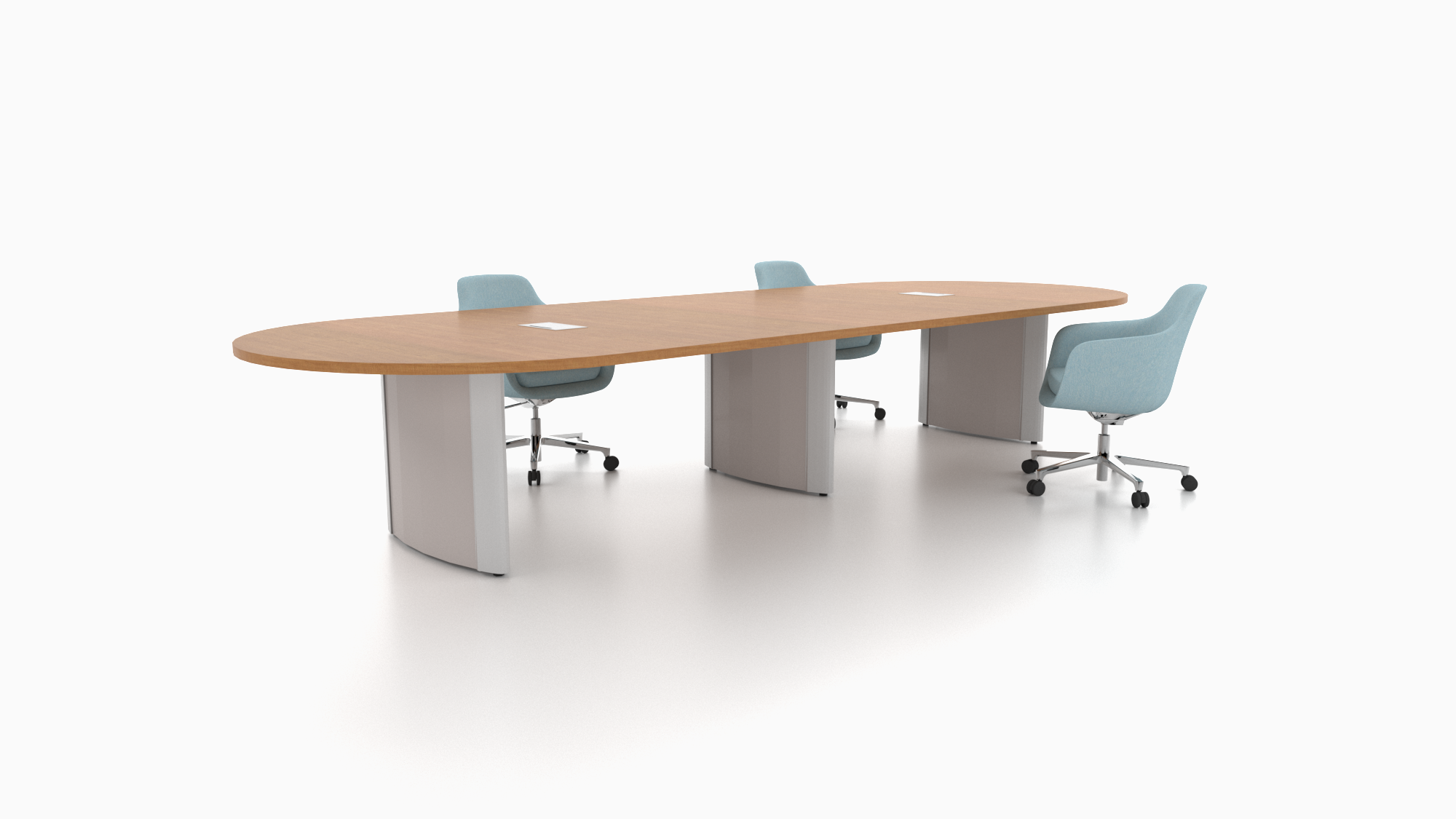 Catalyst conference table featuring steel V shaped bases. 