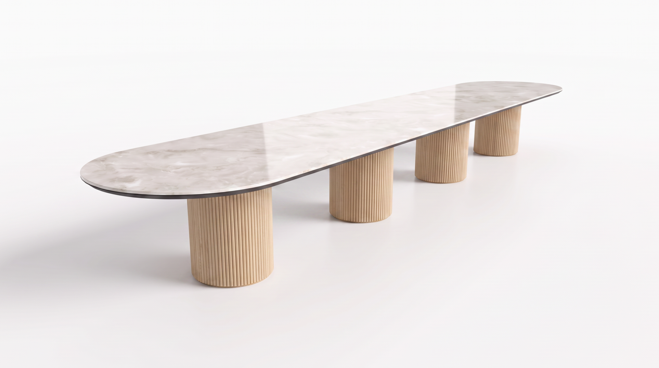 Dune conference table featuring a quartz top and tambour base.