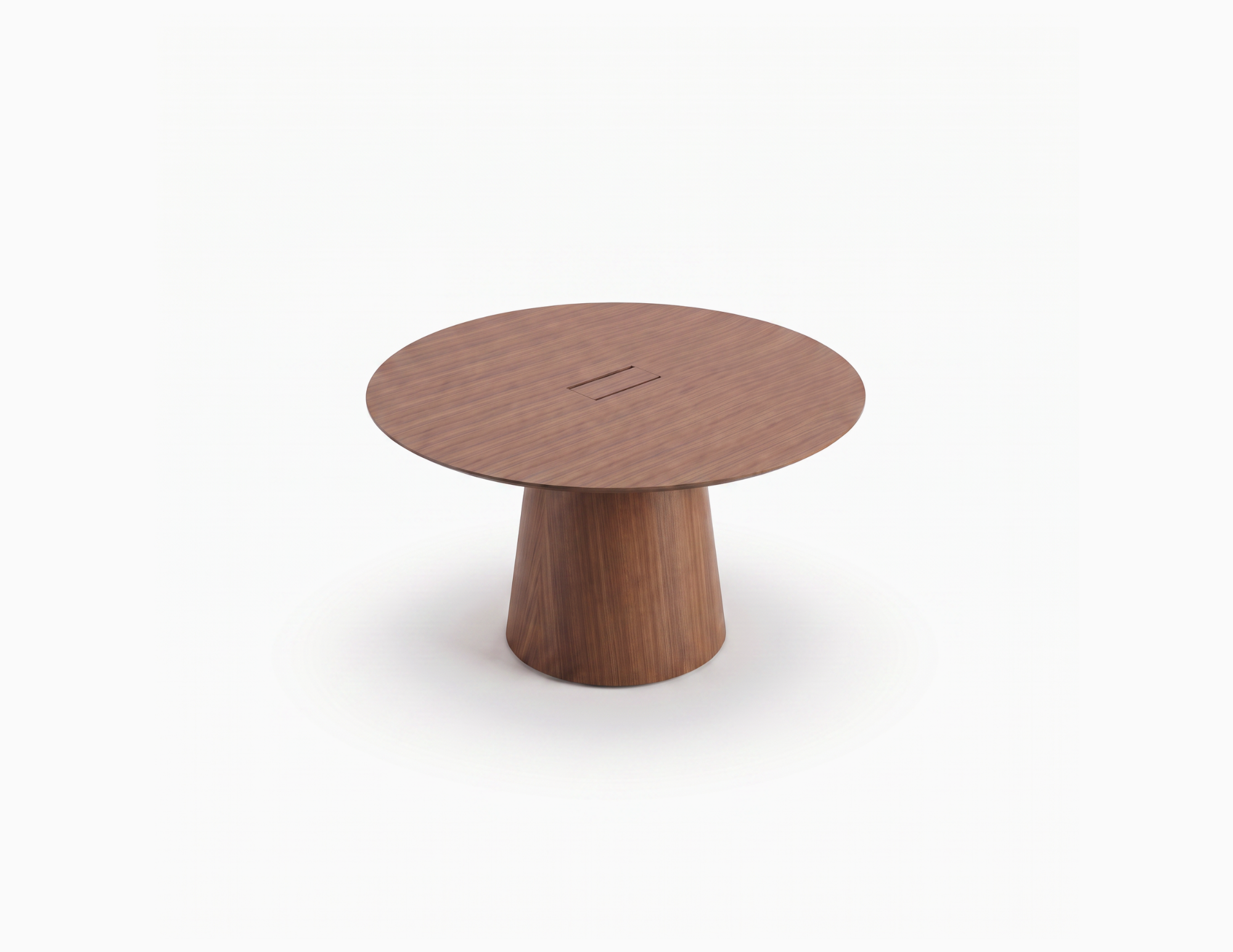 Tapered base and round top. Featuring a wood covered power & data unit.