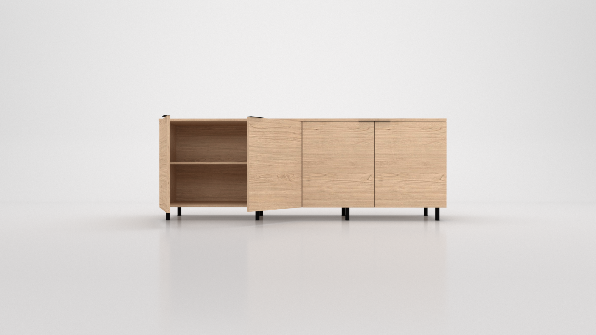 Modern Industrial Credenza built with oak veneer. Clean lines and natural warmth for streamlined storage in any workspace.