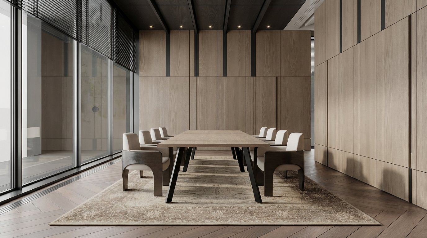 Trail conference table. Featuring a clean, modern design with distinctive angled legs.
