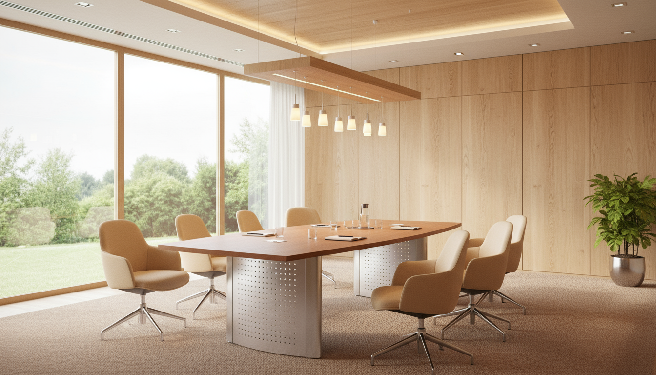 Catalyst conference table featuring a laminate top and silver perforated - V shaped bases.