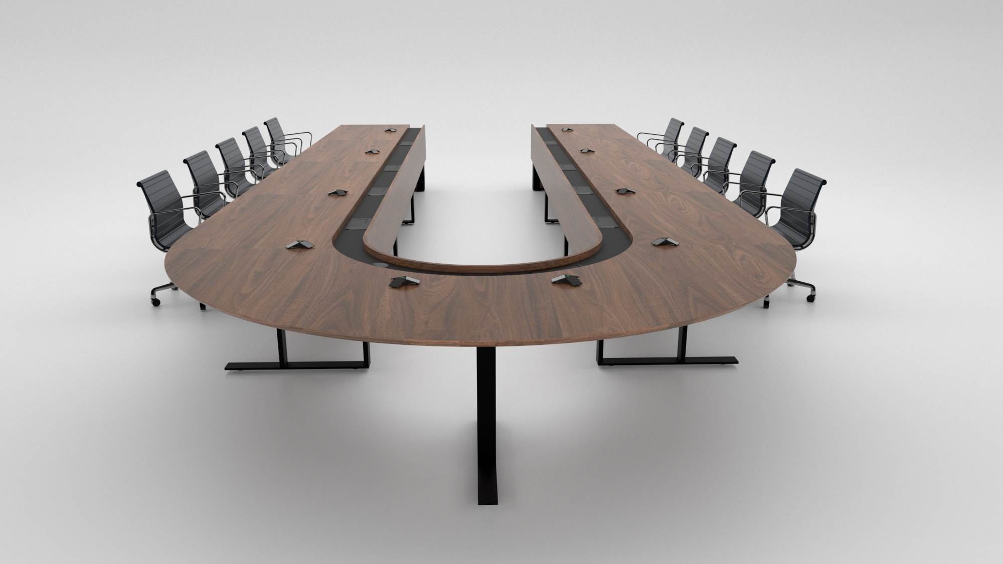 Cornerstone Furniture built a custom boardroom table for a U.S. Army base in Germany. Featuring a U-shaped design in walnut veneer, a lowered power and data trough, modesty panels, and custom bases with wire management access for clean functionality.