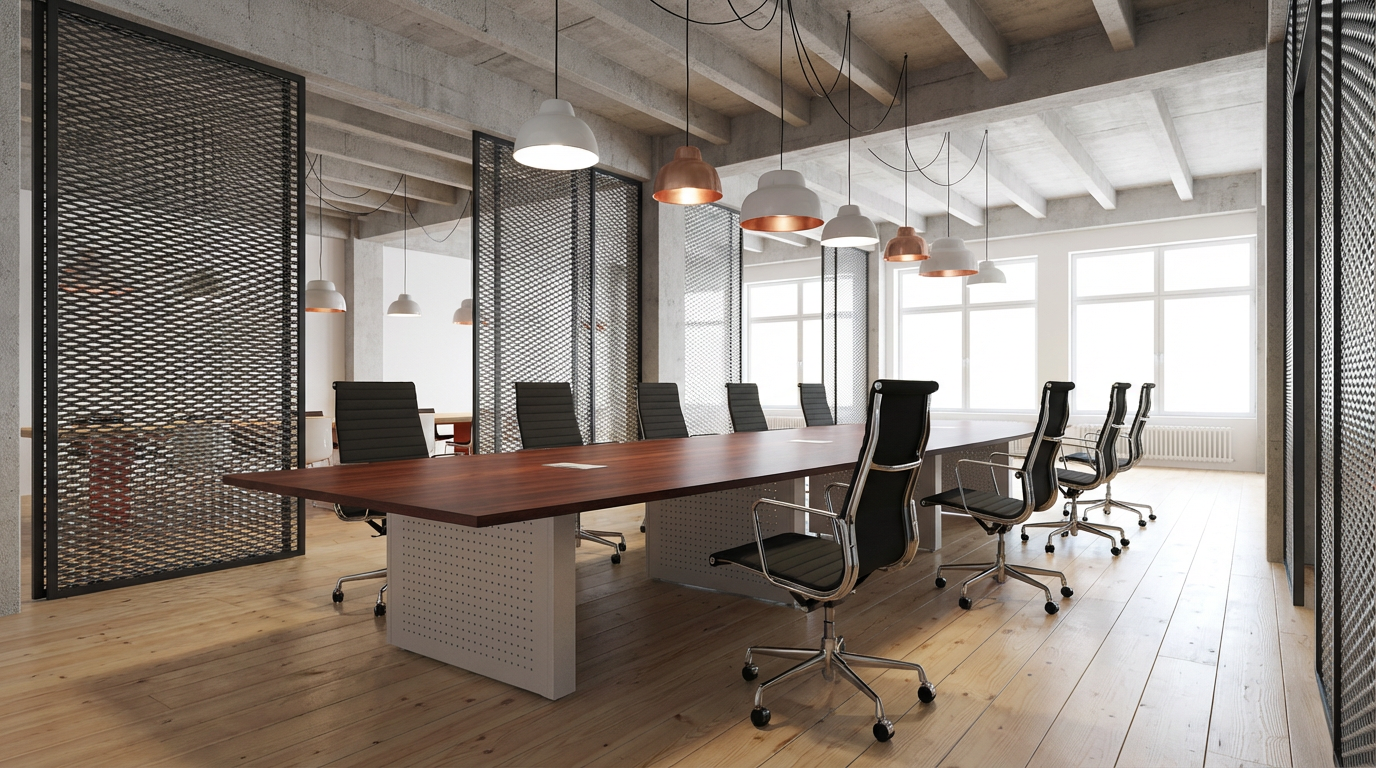 Together conference table featuring a laminate top and perforated flat panel bases.