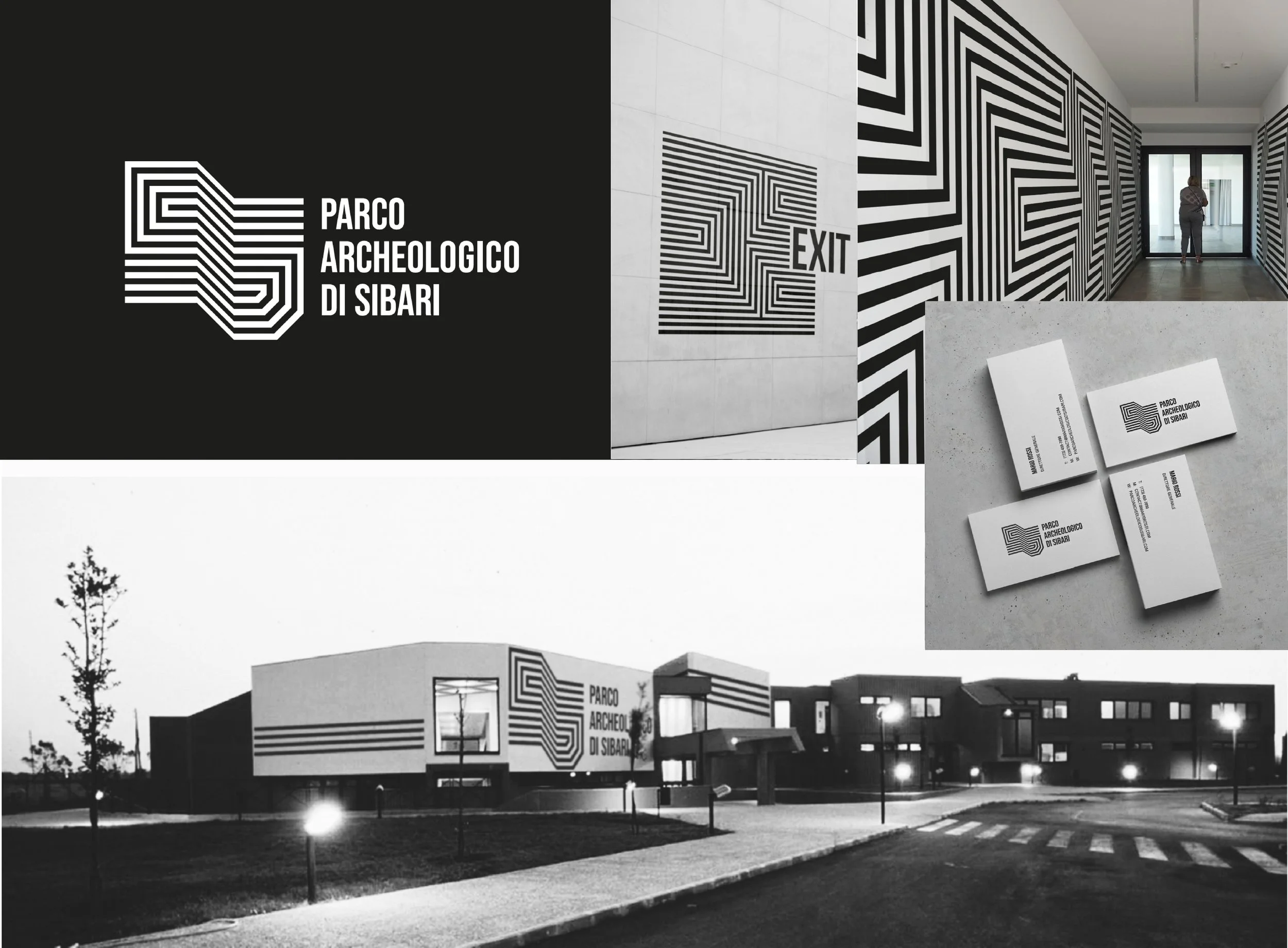 Insegna e murales di un parco archeologico a Sibari, con edifici moderni e decorazioni geometriche nere e bianche, vista notturna con lampioni.