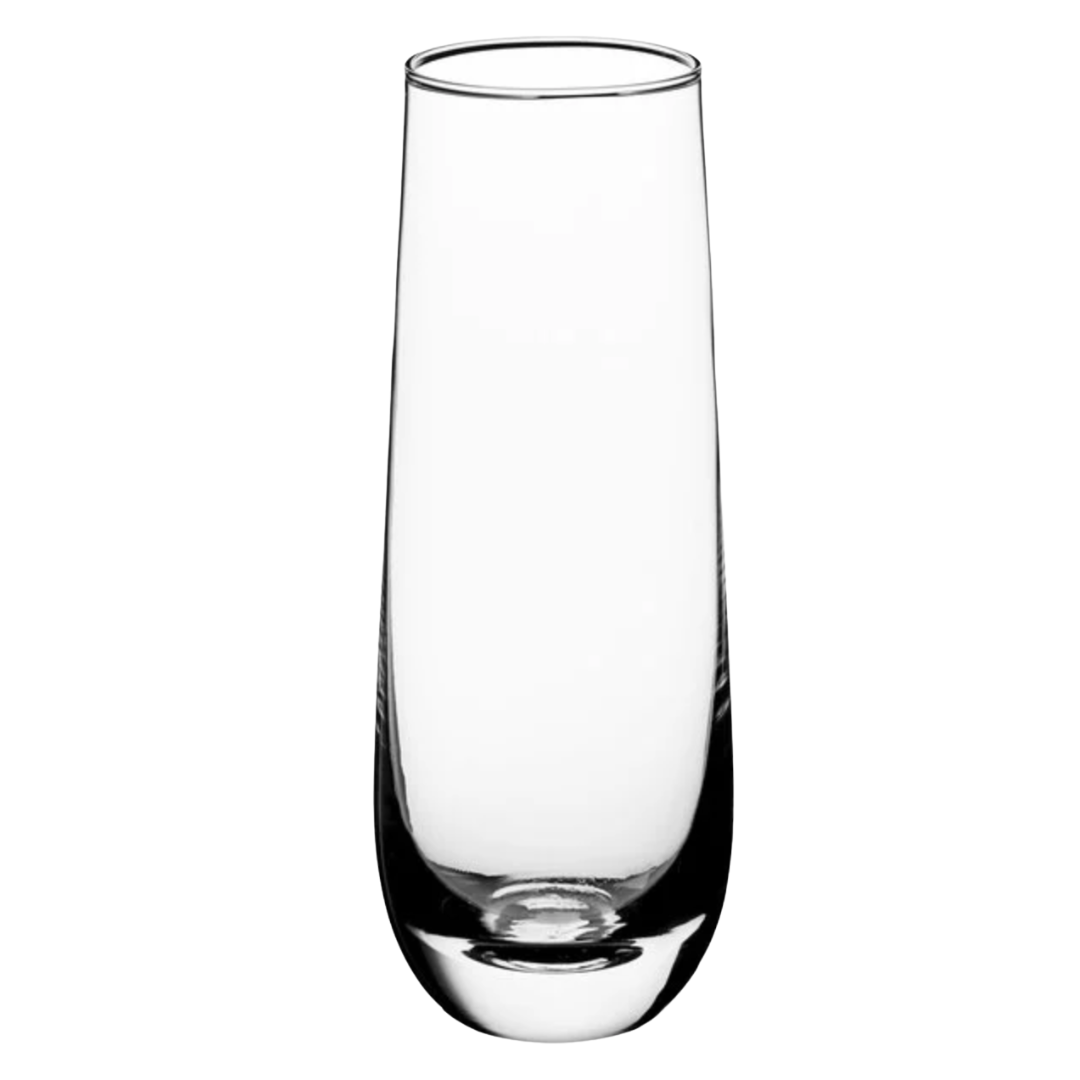Photo of a stemless champagne flute on a white background