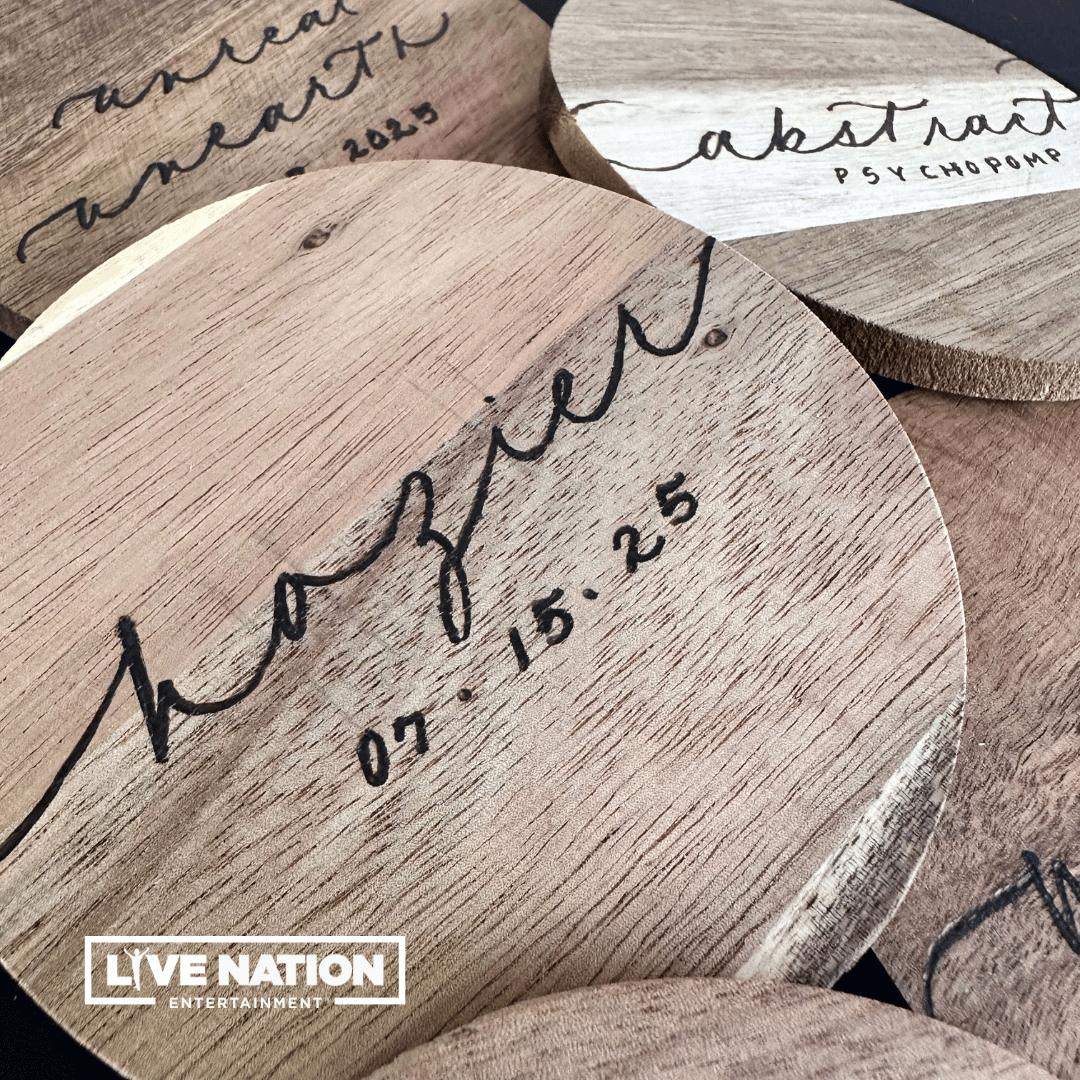 Light-colored wood coasters with Hozier 07.15.25 wood-burned in modern calligraphy script into them