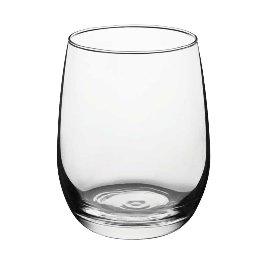 Photo of a stemless wine glass on a white background