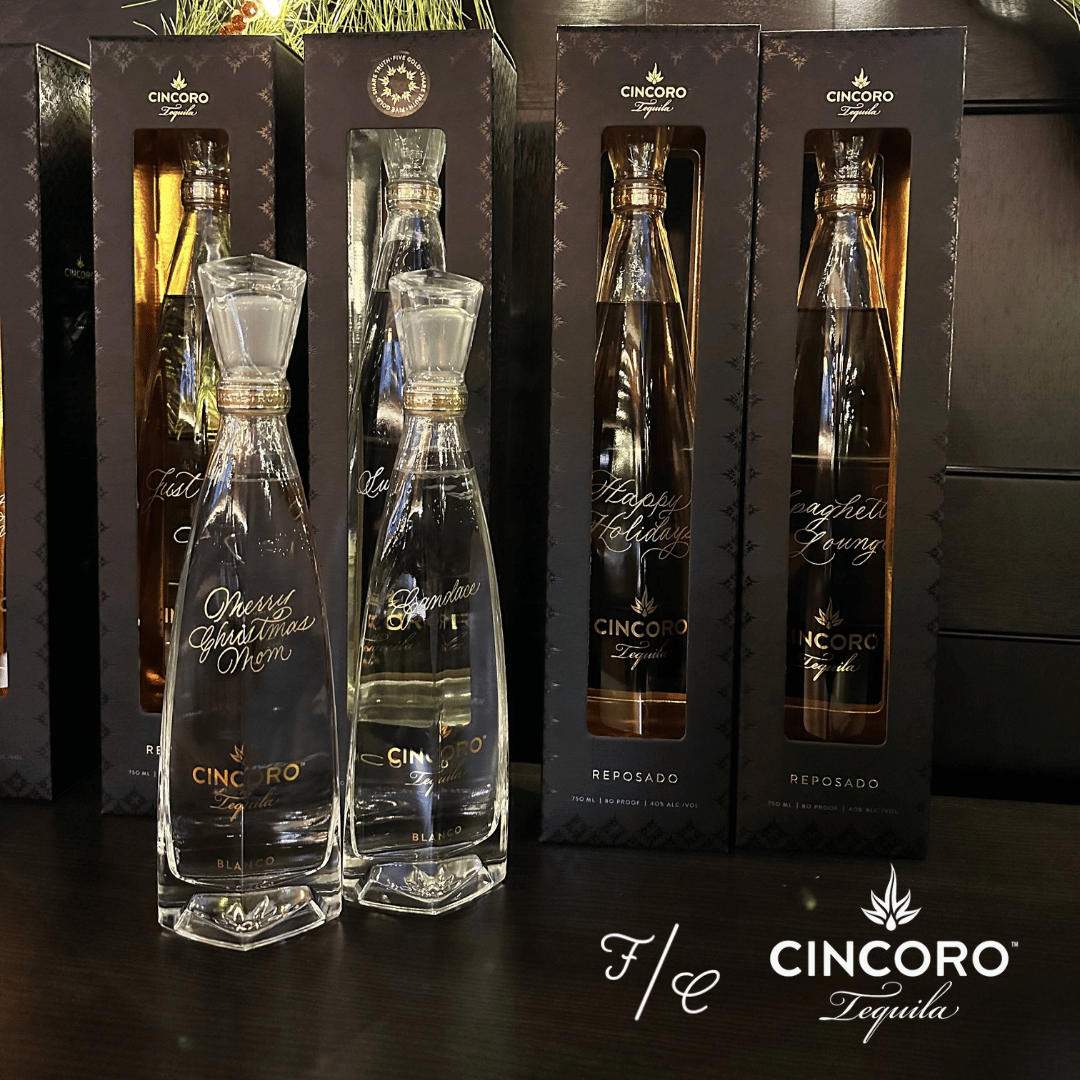 Engraved bottles of Cincoro Tequila 