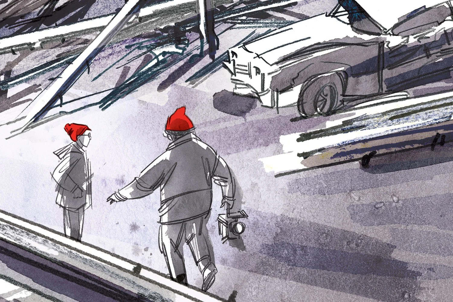 A painting of volcanologist Katia and Maurice Krafft exploring Mt. St. Helens after the eruption.