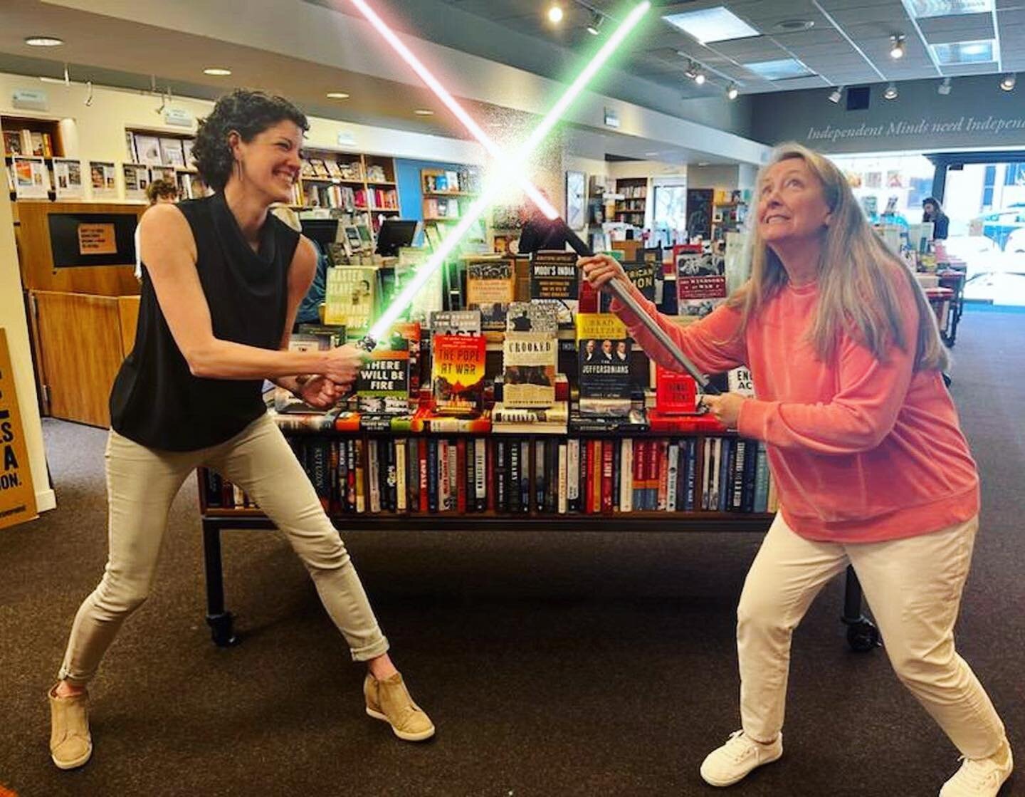 Nothing like a little light saber action with children&rsquo;s book buyer Stacey Hearr to celebrate May the Fourth after signing copies of MAKING MORE. Thank you to all the folks at @warwicksbooks for indulging my shenanigans, and especially to @paol