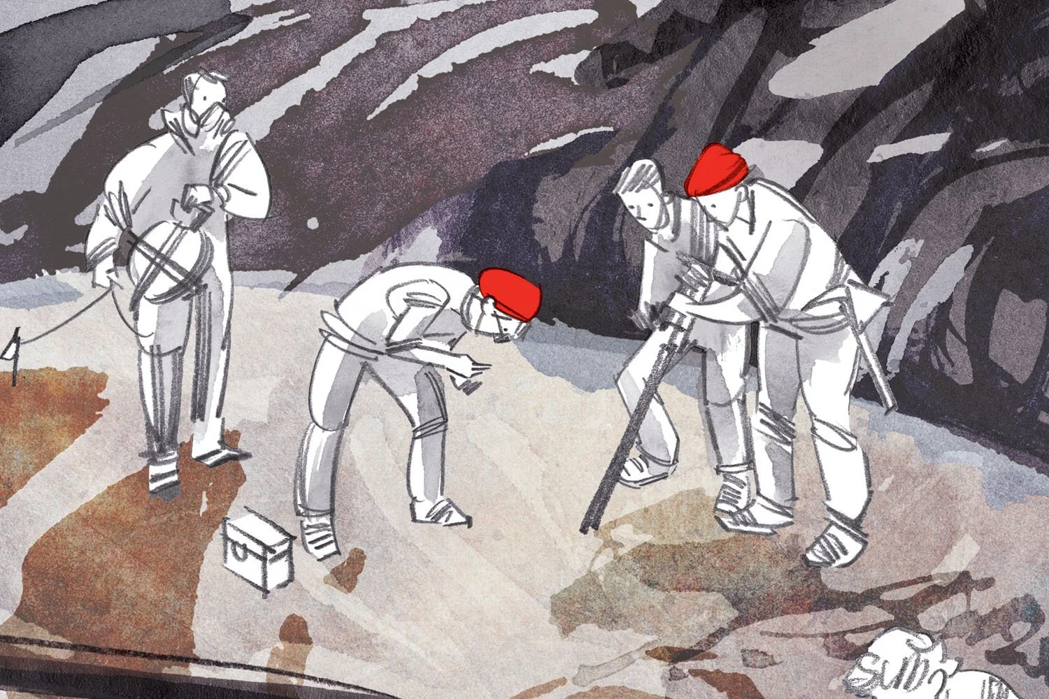 A painting of volcanologist Katia and Maurice Krafft and their team.