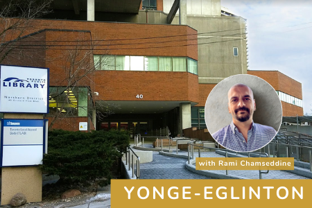 Exterior view of Yorkton Public Library building with a sign, pathway, and landscaping in front, and an inset photo of a man with a yellow banner that says 'with Rami Chamseddine' and 'Yonge-Eglinton'.