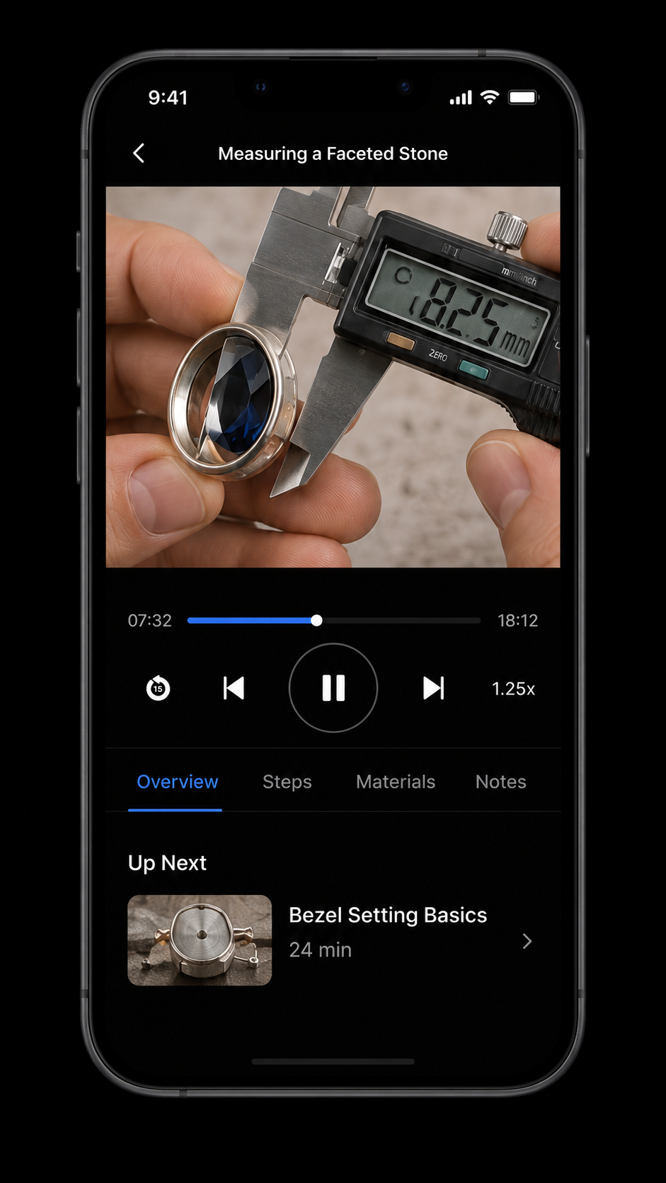iPhone mockup showing a Metalsmith Mentor video lesson on measuring a faceted stone with digital calipers, including playback controls, lesson tabs, and the next bezel-setting lesson.