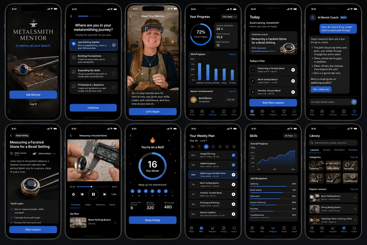 Twelve iPhone mockups display the Metalsmith Mentor app, featuring personalized learning plans, bench coaching, video lessons, progress tracking, skill development, and a resource library for metalsmiths.
