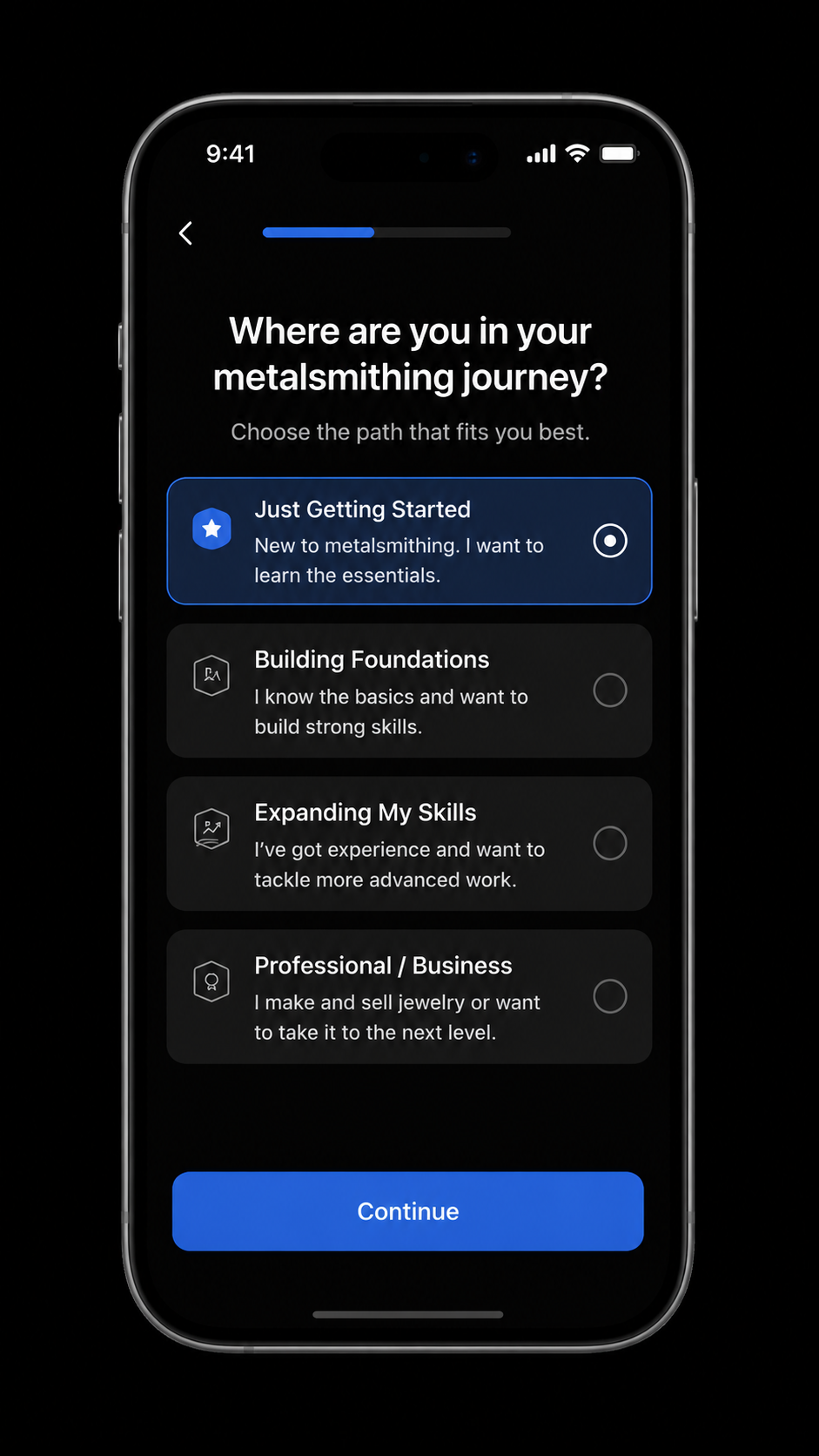 iPhone mockup showing the Metalsmith Mentor onboarding screen, where users choose their experience level from beginner, foundations, advanced skills, or professional business paths.