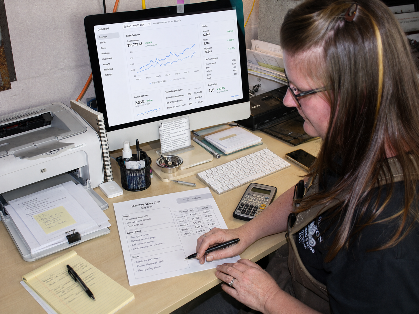 Metalsmith business mentor reviewing website sales analytics and revenue trends at a desk, surrounded by printed business plans, reports, a calculator, and office tools.