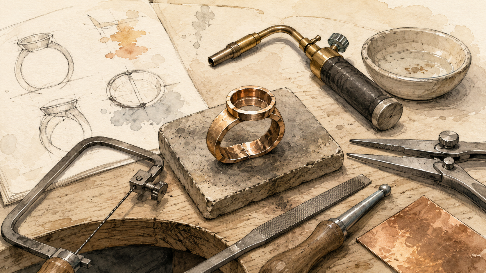 Jewelry artist's workspace with a gold ring, sketches, and tools like a saw, pliers, a torch, and a small bowl.