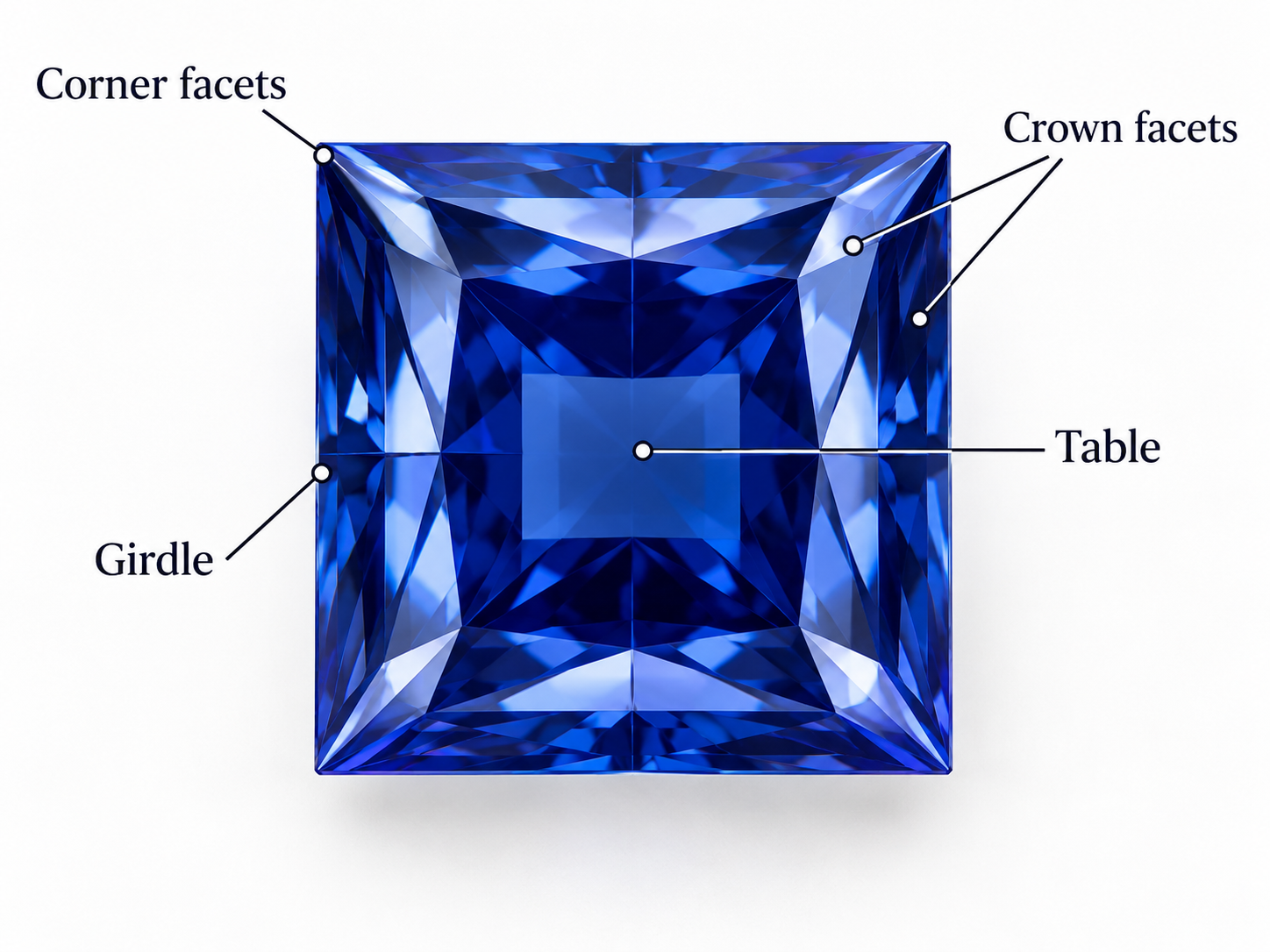 Image of a square blue sapphire from top view with anatomy detailed.