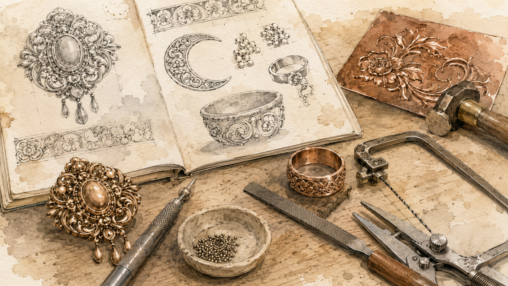 Jewelry designer's workspace with sketches of ornate jewelry pieces, including rings and brooches, along with tools like a saw, files, and a small bowl of beads and pins, all on a wooden surface.