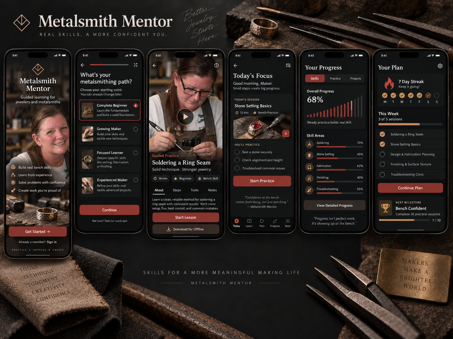 The image showcases a promotional layout for Metalsmith Mentor, a jewelry-making app for jewelers and metalworkers. The layout includes five smartphone screens displaying different steps of the app: getting started, selecting a mentorship path, a video tutorial, a focus session for soldering a ring seam, and progress tracking. The background features jewelry-making tools, a metal ring, and a small piece of metal with engraved motivational text. The overall scene emphasizes jewelry craftsmanship and skill development.